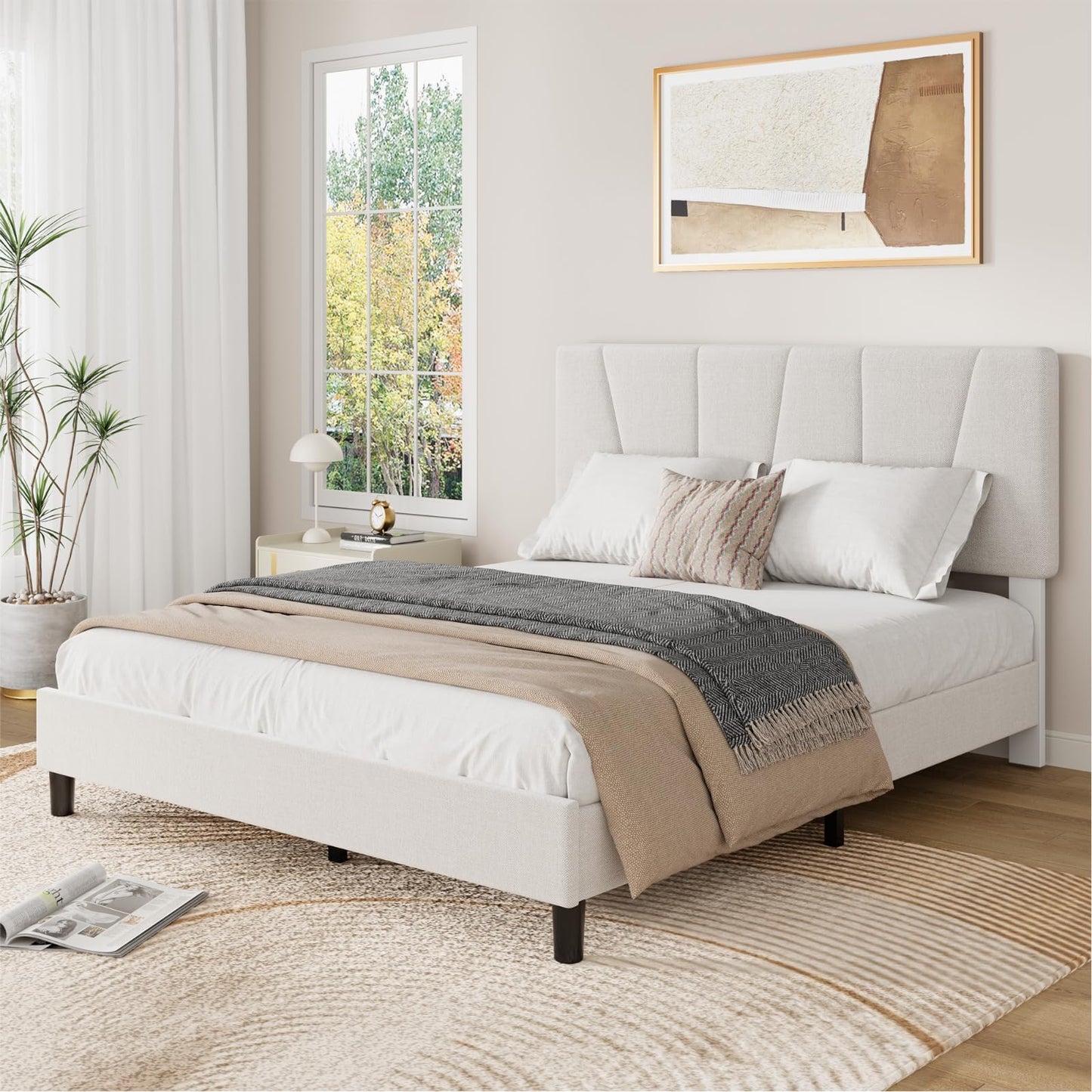 IDEALHOUSE Full Size Bed Frame with Upholstered Headboard, Heavy Duty Platform Bed Frame with Strong Wood Slats, Adjustable Headboard, Noise-Free, No Box Spring Needed, Easy Assembly