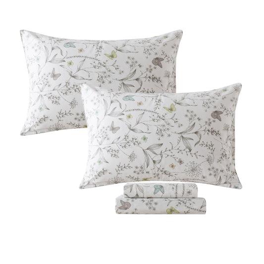 FADFAY Floral Sheets King Colorful Butterfly Bed Sheets Set Vintage Botanical Bedding Shabby Branches Leaves Bedding Collections 100% Percale Cotton Breathable Super Soft Deep Pocket 4Pcs, King Size
