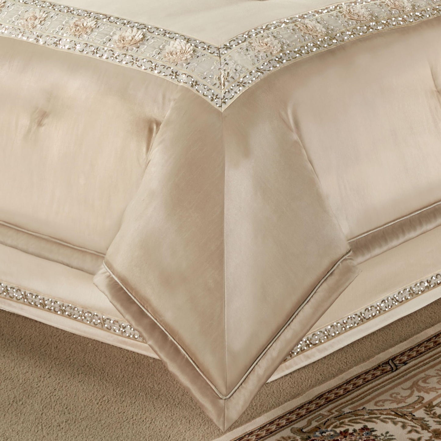 Luxury Elegante Sophisticated Polyester Faux Silk Queen Bedding | Light Cream Ivory Metallic Gold | Sequins Embroidery Floral | 4 Piece Set includes Comforter, Bedskirt, and Two Standard Shams