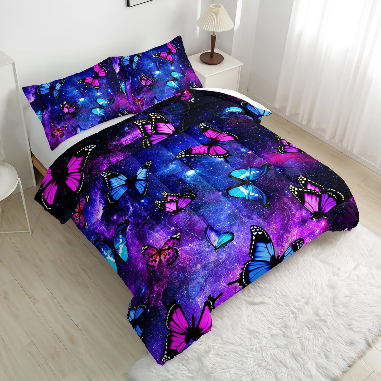 Nttopship Twin Size Galaxy Starry Sky Bedding Set, Violet Butterfly Comforter Set with 1 Comforter and 2 Pillowcases