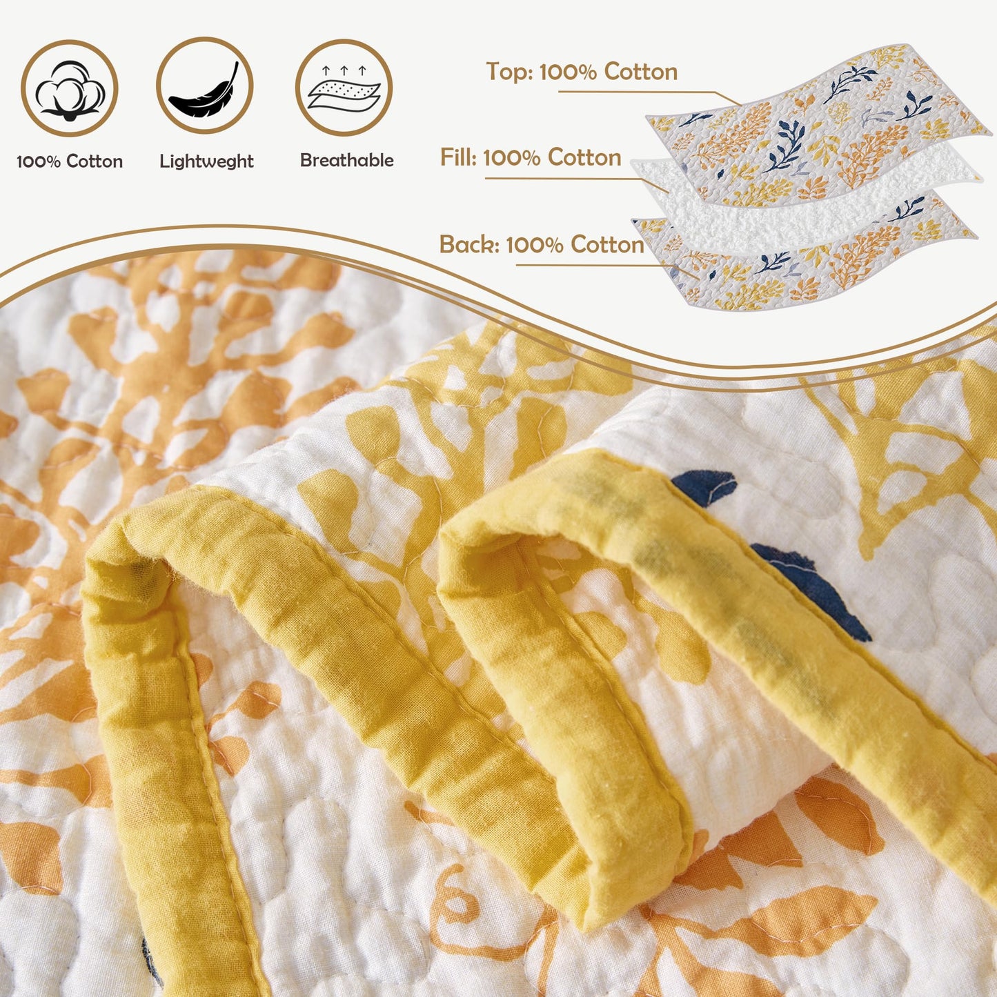 Cinefoso King Size Quilt - Floral Quilt Bedding Set 100% Cotton - Lightweight Farmhouse Bedspread for All Season 3-Piece - Yellow/White/Orange