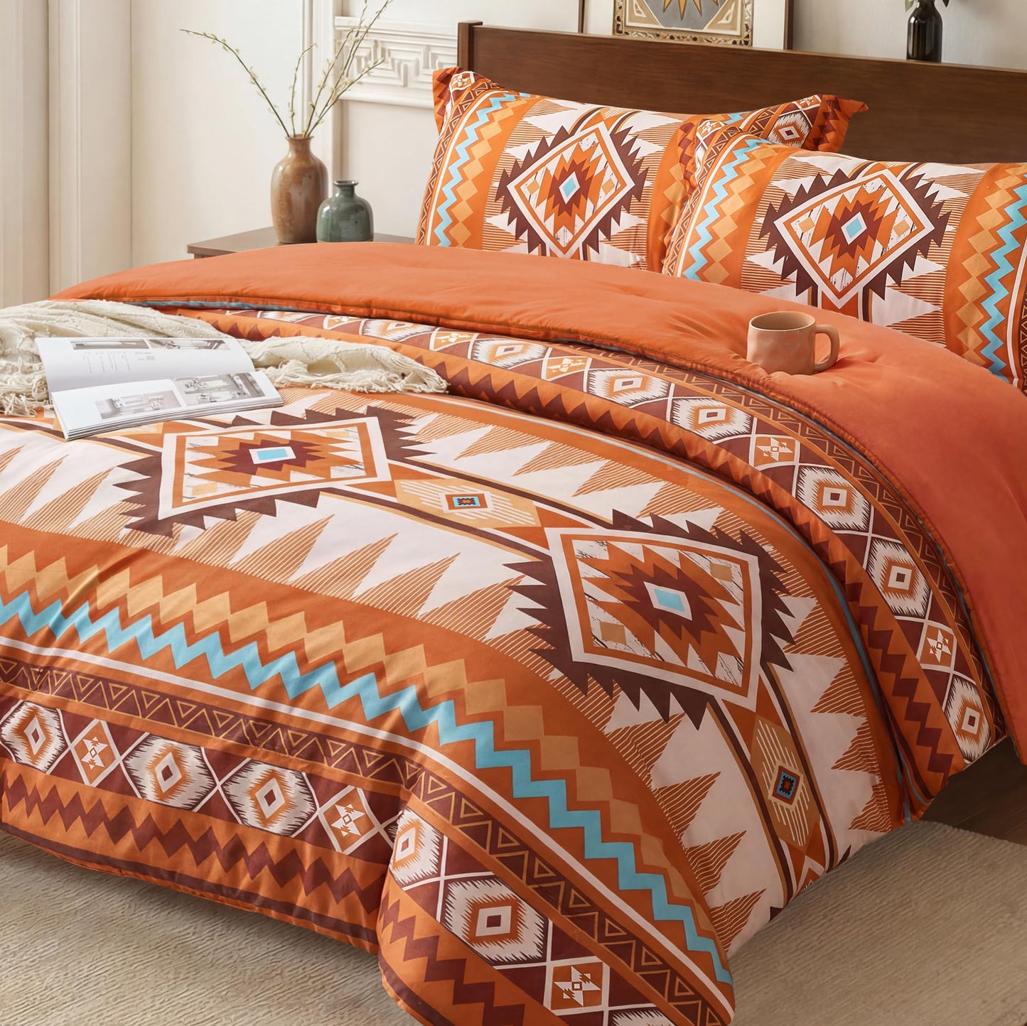 Tyrot Burnt Orange King Size Comforter Set – 3 Piece Boho Aztec Western Bedding Sets, Soft Lightweight Comforter for All Seasons, Southwestern Style, 1 Comforter & 2 Pillow Shams