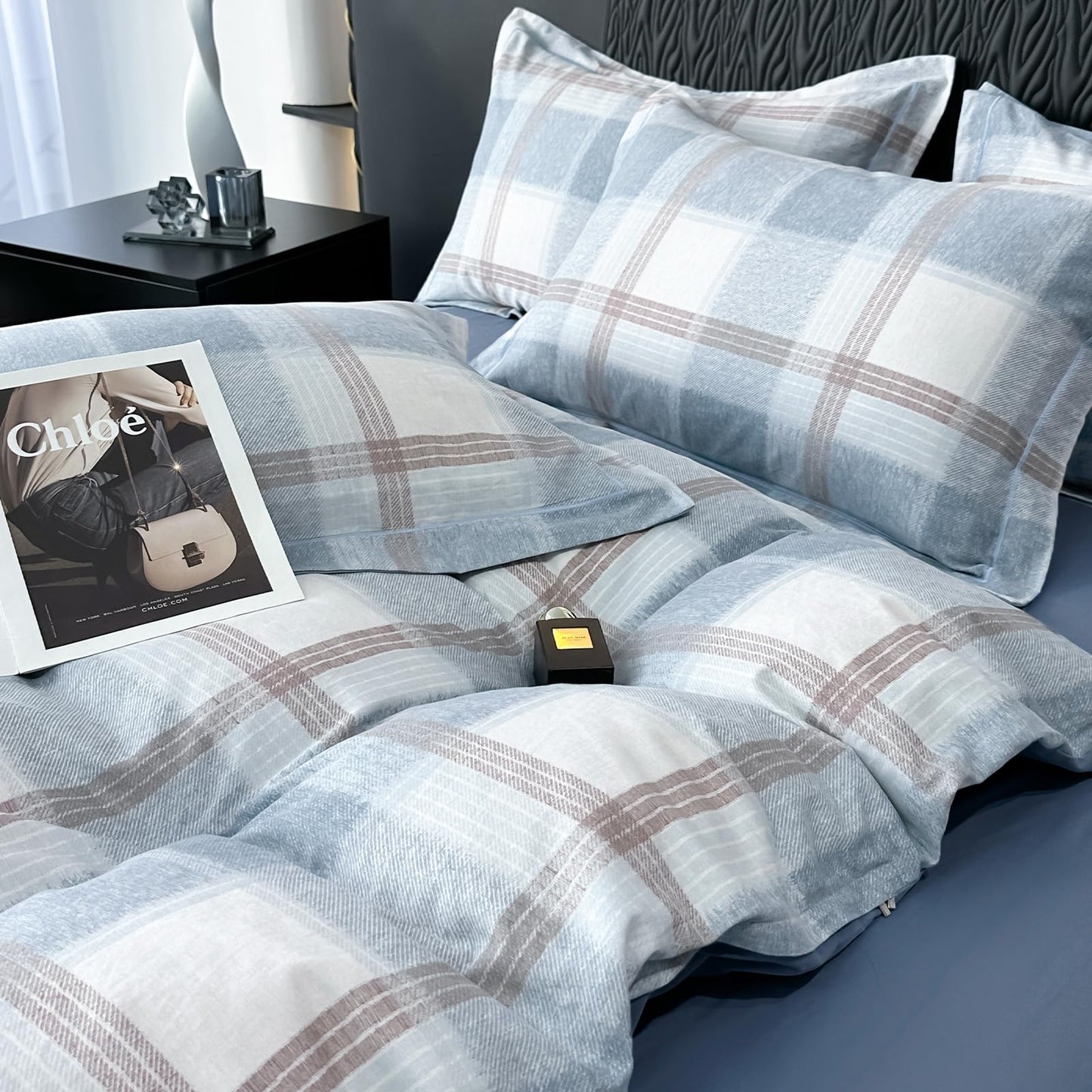 VM VOUGEMARKET Blue Plaid Duvet Cover Queen,3 Pieces Soft Brushed Cotton Duvet Cover Set,Simple Modern Teen Boys Gingham Bedding Set Without Comforter-90x90 Inch