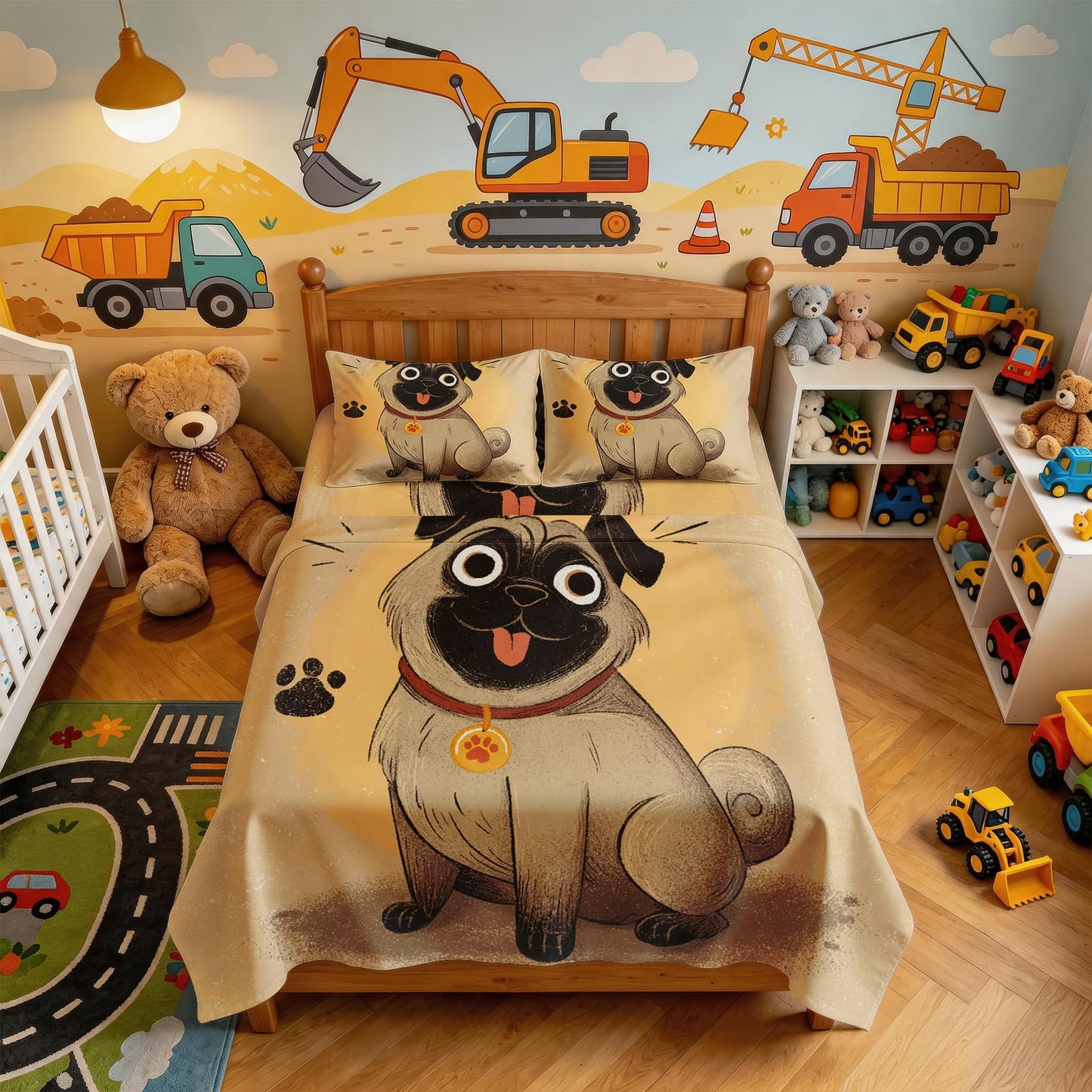Pug Dog Sheet Set, 4 Pcs Queen Size Funny Puppy Bed Sheets, Beige