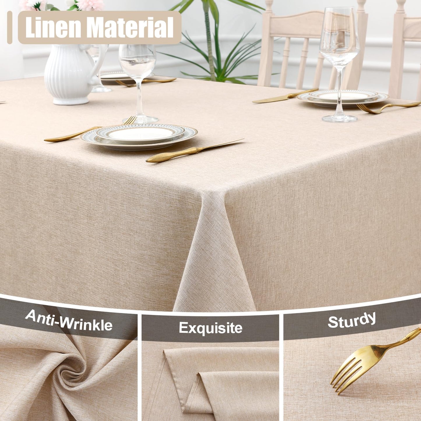 Smiry Rectangle Table Cloth Linen Textured, Waterproof Spillproof Anti-Wrinkle Burlap Tablecloth, Washable Decorative Fabric Table Cover for Dining, Party, Banquet, 52 x 70 Inch, Linen