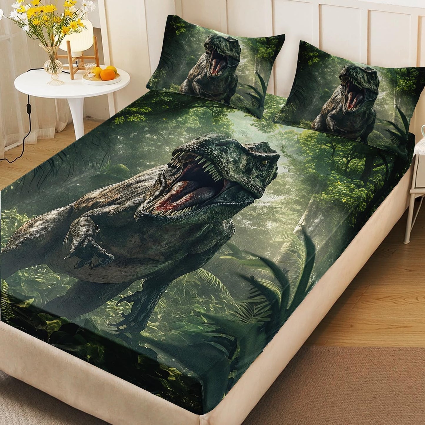AILONEN 3D Realistic Dinosaur Fitted Sheet Set Twin XL Size, Tropical Wildlife Bedding Set for Boys Teens Kids,Ancient Dino Animal Bedsheets Set,3-Pieces,1 Sheet Set + 2 Pillowcases,Soft,Breathable