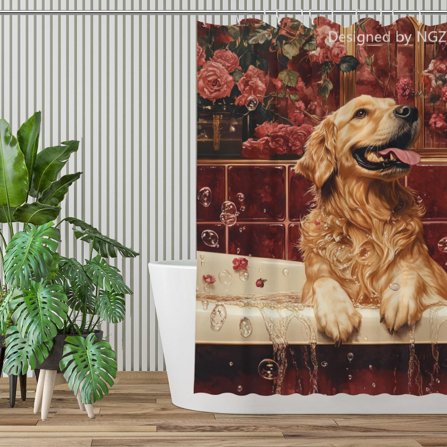 NGZ Funny Golden Retriever Shower Curtain, SPA Golden Retriever with Wine, Red Shower Curtain, 72x72 Inches Floral Shower Curtains for Bathroom, Bath Curtains Set with 12 Hooks