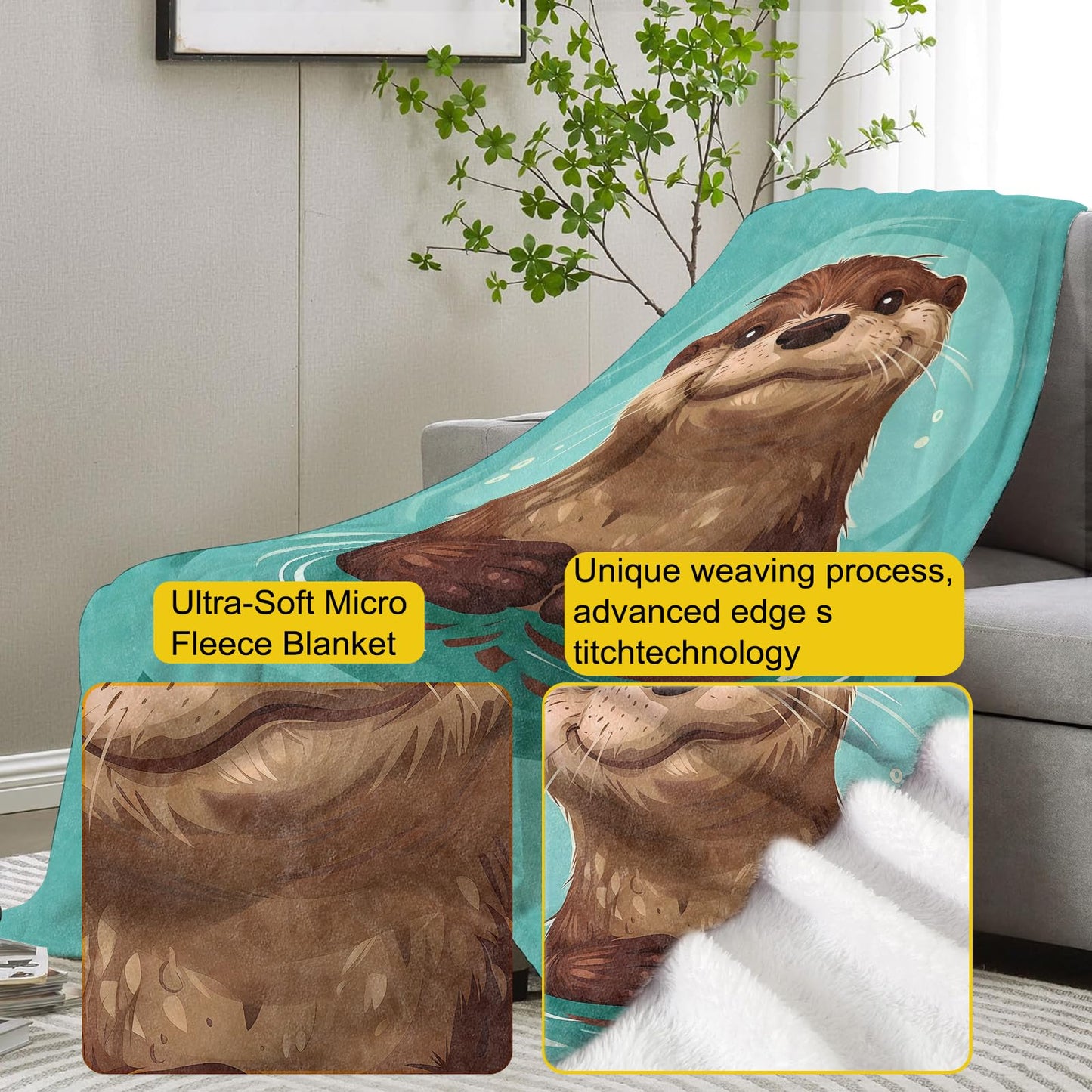 VANZEV Teal Otter Throw Blanket Gifts for Kids Women, Cute Wildlife Blankets for Living Room Home Decor, Cozy Flannel Otter Plush Throws 50"x60"