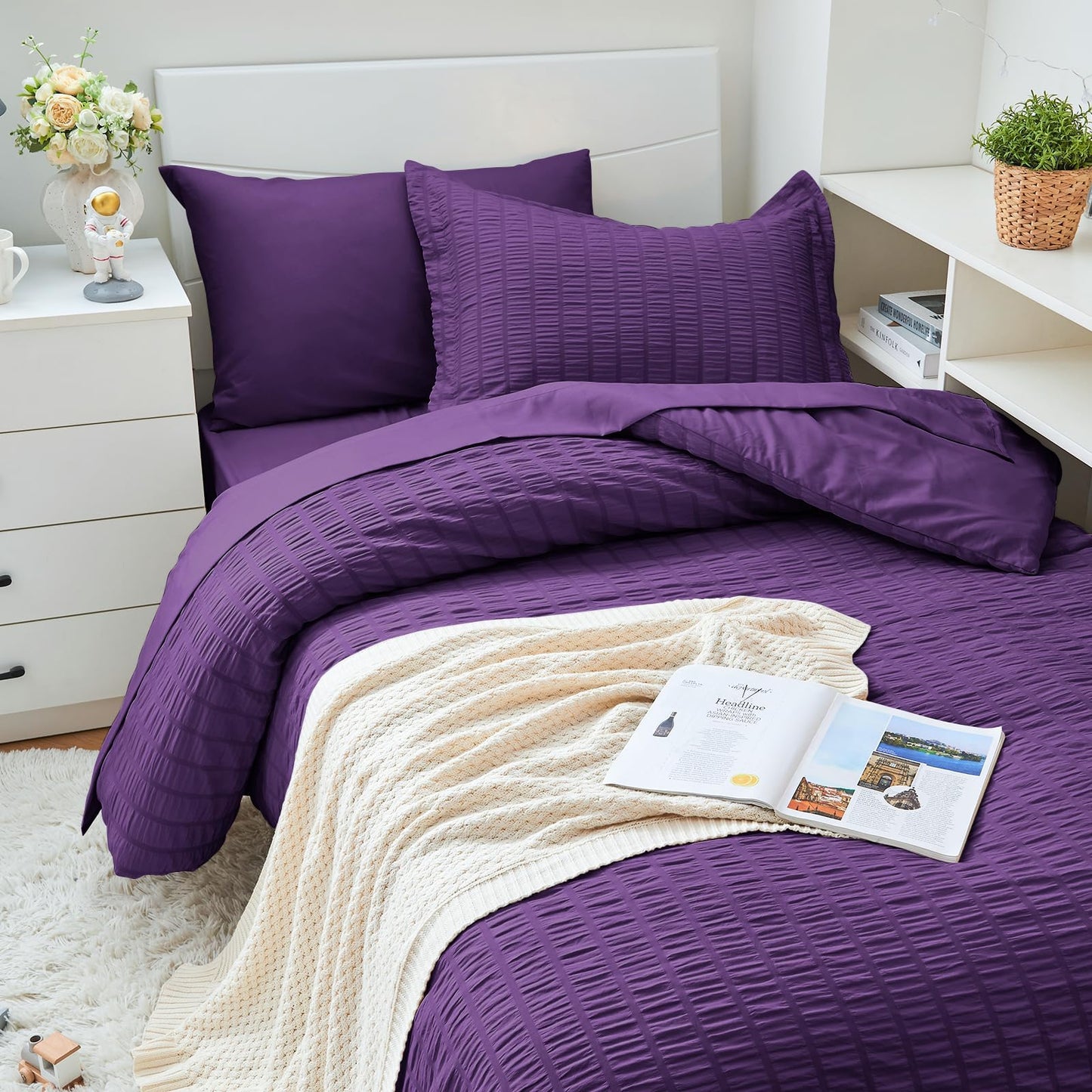 HYMOKEGE Dark Purple Twin Comforter Set Seersucker 5 Pieces, All Season Luxury Bed in a Bag for Bedroom, Bedding Set with Comforter, Sheets, Pillowcase & Sham