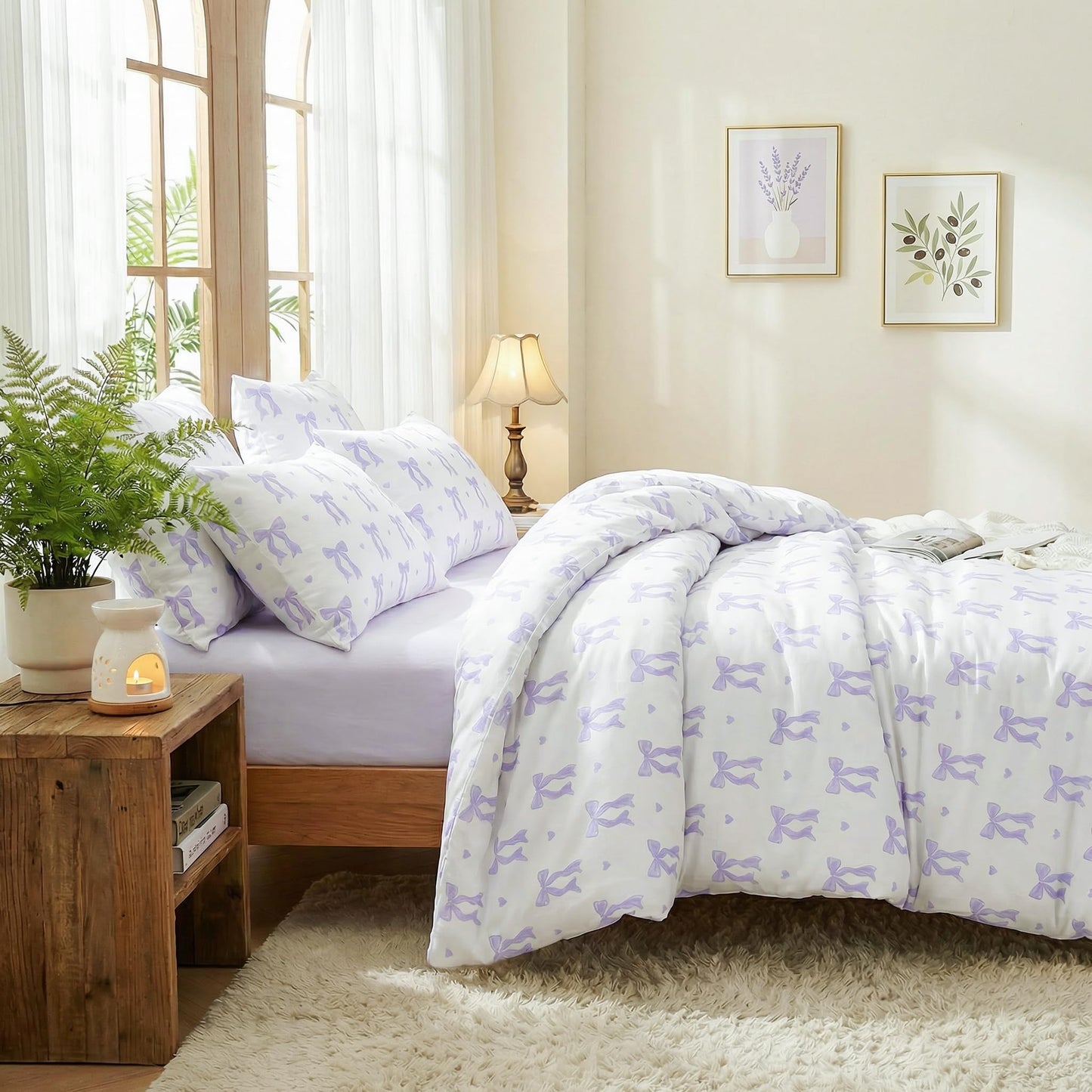 Sedefen Purple Bow Duvet Cover, 3 Pieces Cute Heart Pattern Bedding Set, Reversible Coquette Aesthetic Bowknot Love Printed Duvet Cover Set for Girls Bedroom, All Season