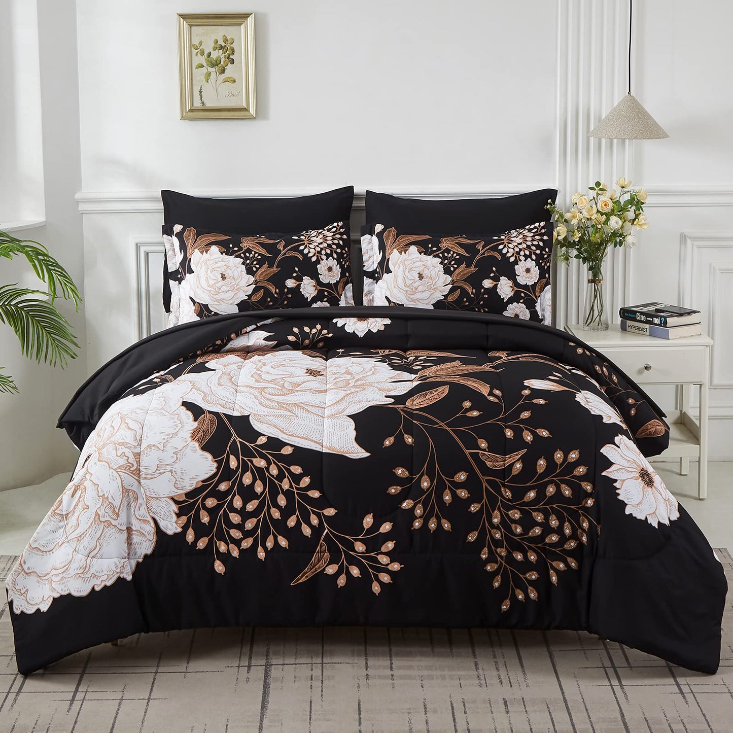 Yogeneg 7 Piece Bed in a Bag Queen Comforter Set Botanical Floral Bedding Set,White Flowers Leaves Printed on Black Reversible Design,Soft Microfiber Comforter with Sheet Set,All Season