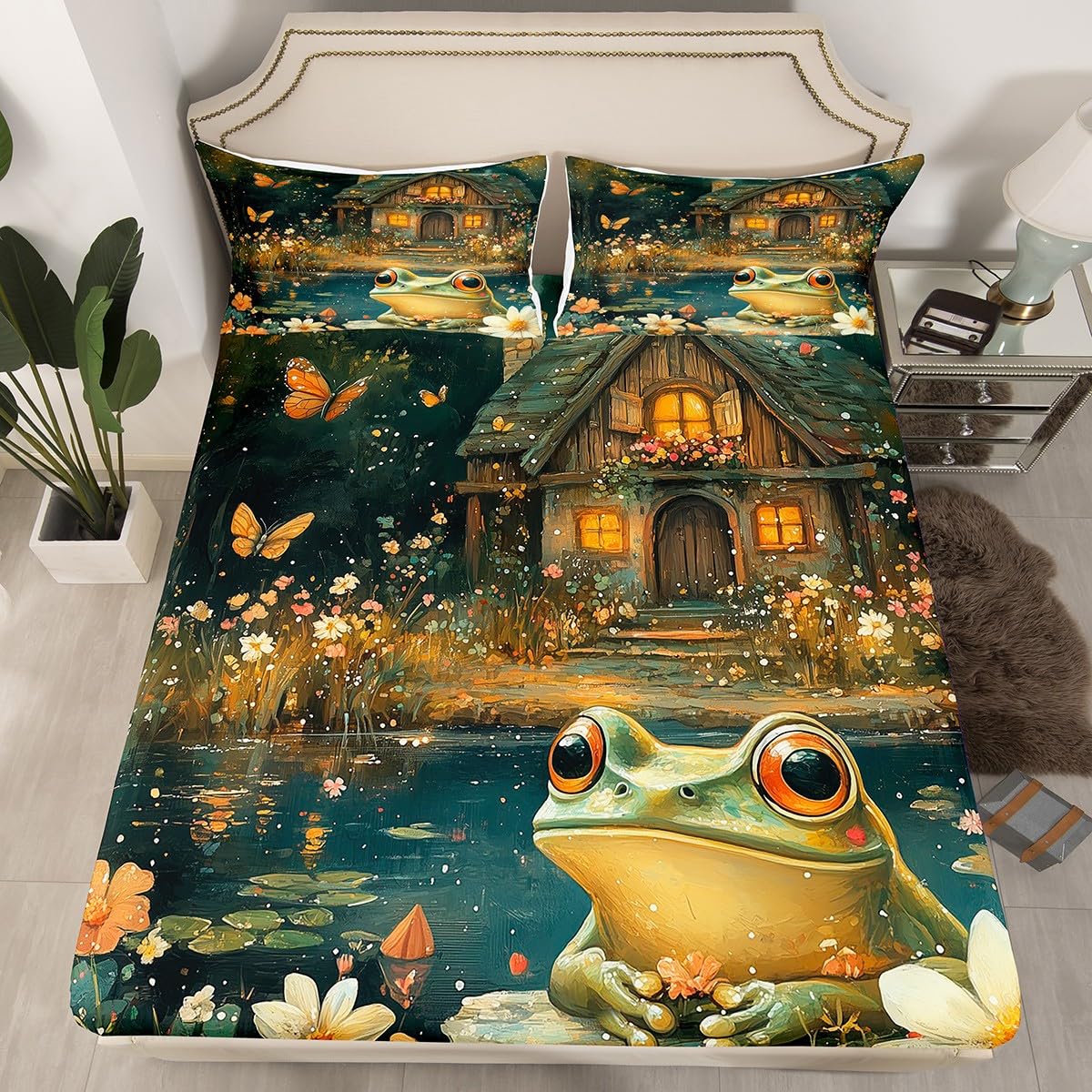 Manfei Wild Frog Bed Sheet Set Twin Size,Lodge Cabin Rustic Lake Animal Sheet Set,Jungle Daisy Flowers Butterfly Dreamy Starry Bedding Set with 1 Flat & 1 Fitted Sheet with 1 Pillow Sham