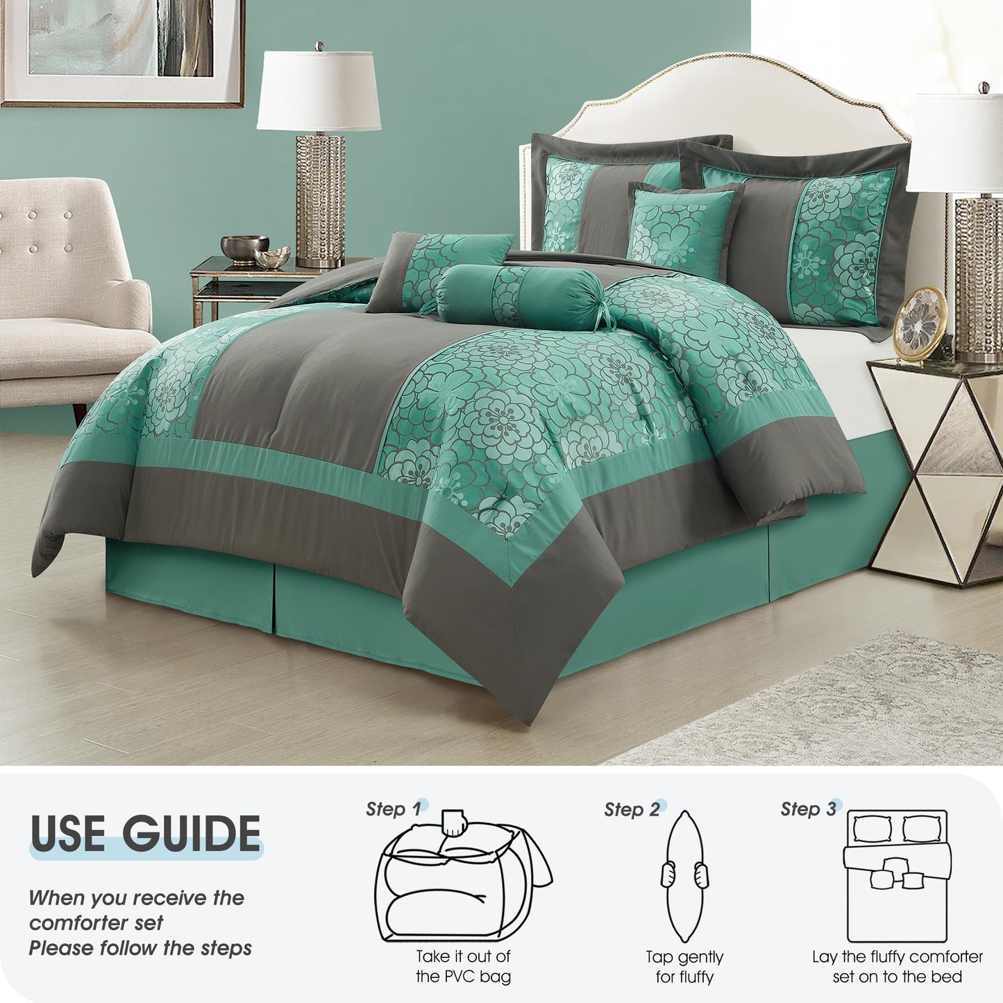 LANCO MODERN LIFESTYLE 7 Piece Queen Comforter Set, Aqua Grey, Elegant Floral Jacquard, Stylish and Cozy Bedding Collection, Premium Bedding Set with Bedskirt, Shams and Pillows