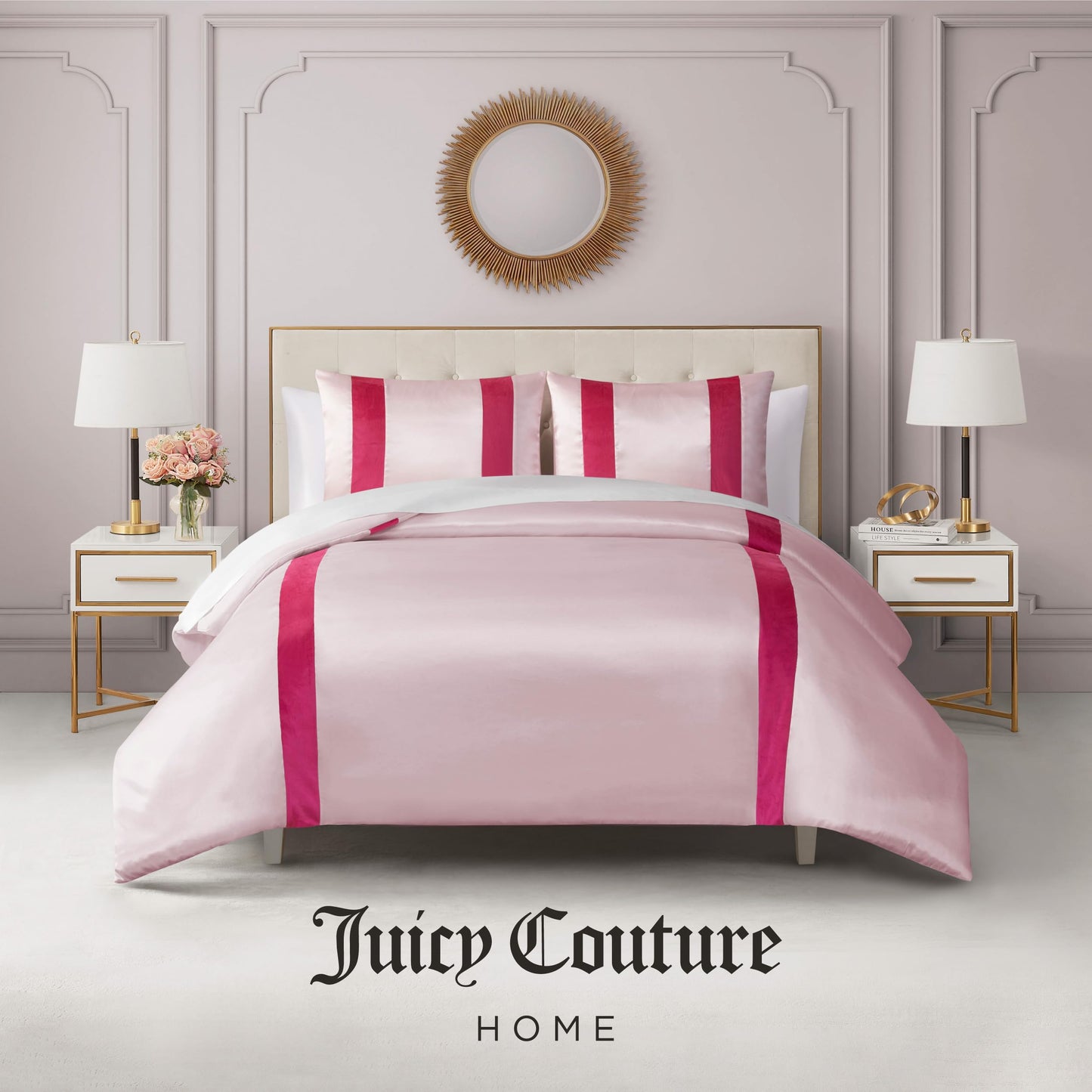 Juicy Couture Velvet Stripe on Satin Pink Twin/Twin XL Comforter Set - 2 Piece Luxury Bedding Ensemble