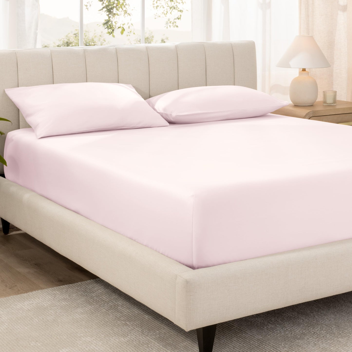 Bare Home 100% Organic Cotton Sateen Fitted Sheet - 400 Thread Count - Smooth Sateen Weave - Breathable & Cooling - Hotel Luxury - Durable Fitted Sheet - Deep Pocket (King, Dusty Pink)