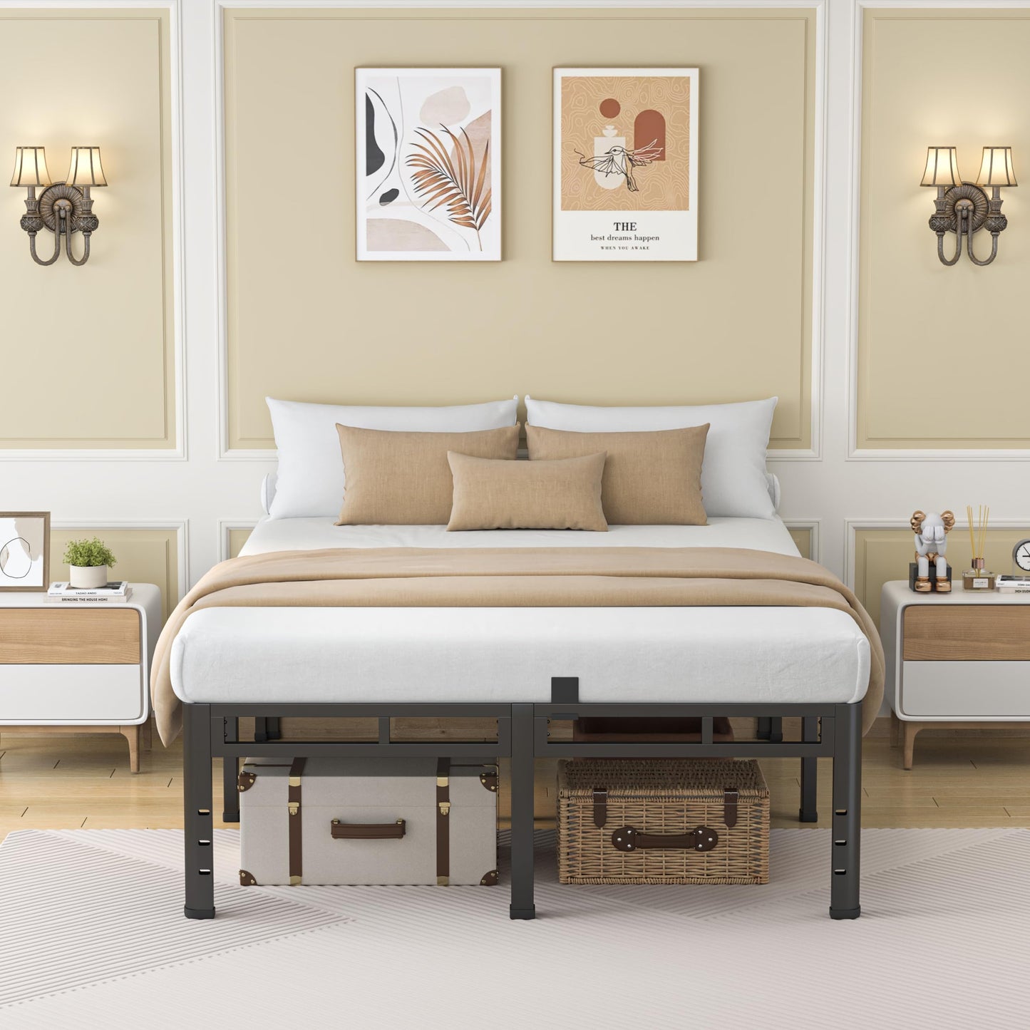 NKZ 18 Inch King Size Bed Frame, Metal Bed Frame & Box Spring 2 in 1 Platform with Round Corner Legs, 4000Lbs Heavy Duty Metal Frame, Mattress Slide Stopper, Headboard Hole, Noise-Free, Easy Assembly