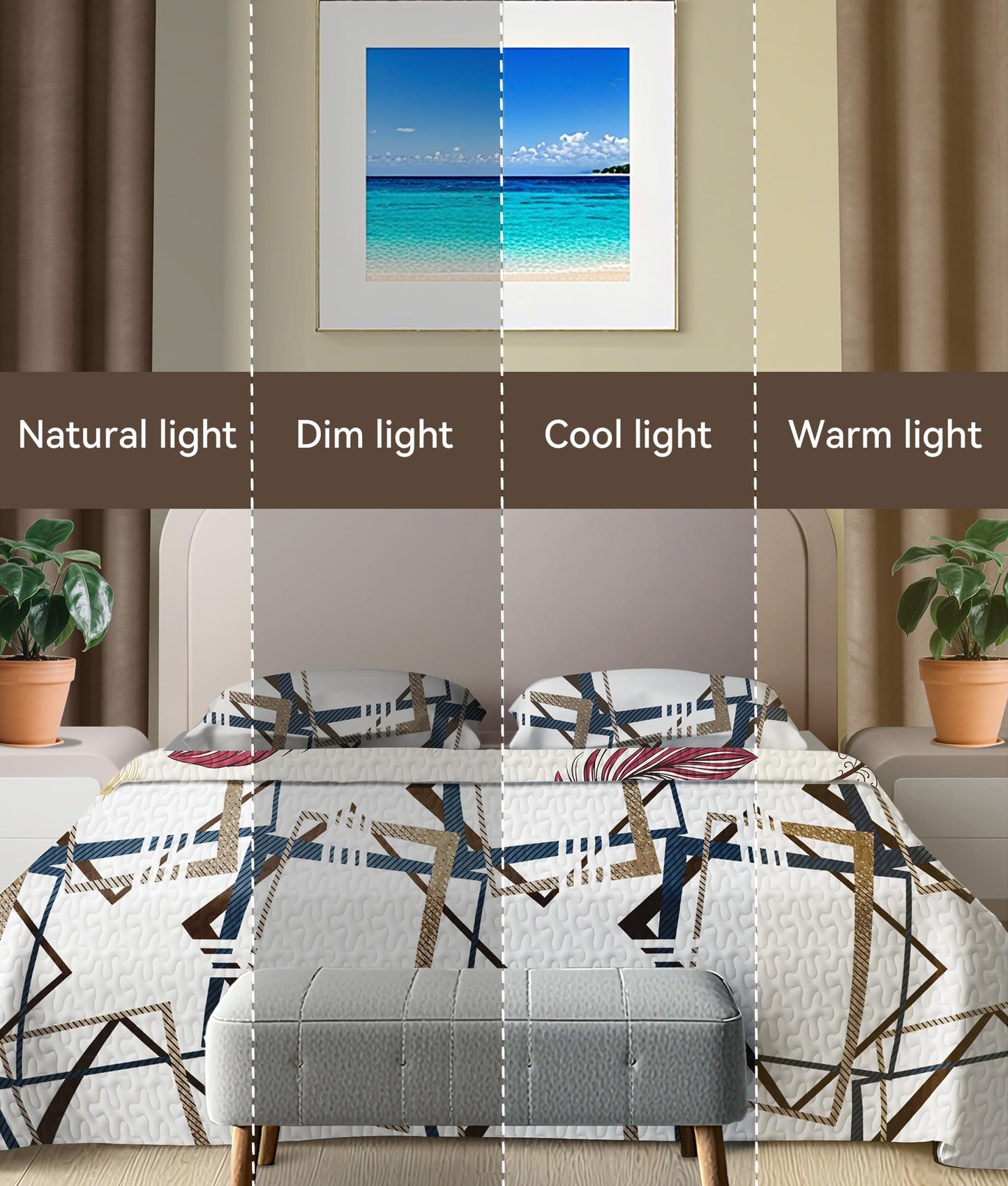 Classic 9-Piece Geometric Print Queen Light Comforter Set with Matching Curtains, Creamy White Bedspread Set Ultra-Soft & Machine Washable Refined Update To Bedroom Decor, Ideal of All-Season Gift