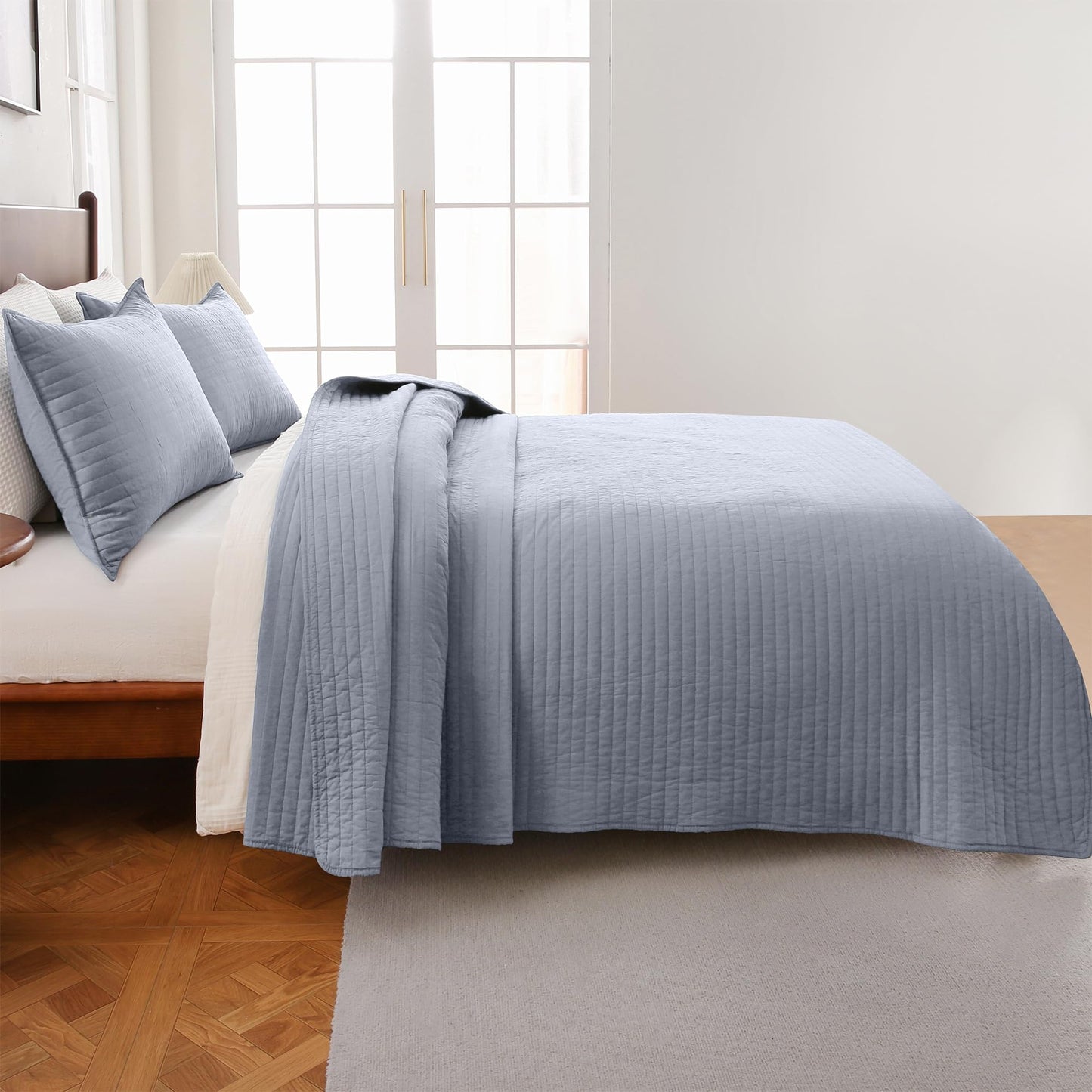 FDDX 100% Cotton Quilt Set California King Size - Soft Lightweight Stripe Bedding Set, Classic Comforter Set for All Season with 2 Shams, Oversized Bedspread Coverlet, 110x120 inches