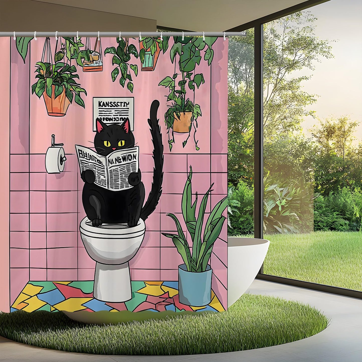 Funny Black Cat Shower Curtain, Tropical Plant Pink Green, 70"W x 70"L