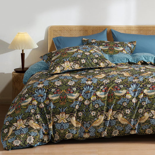 PHF Ultra Soft Floral Duvet Cover Queen Size, Revisible Boho Printed Vintage Bedding Set 3 Pieces, Comfy Durable Morris Garden Duvet Cover Set with 2 Pillow Shams, Zipper Closure and 8 Ties, 90"x90"