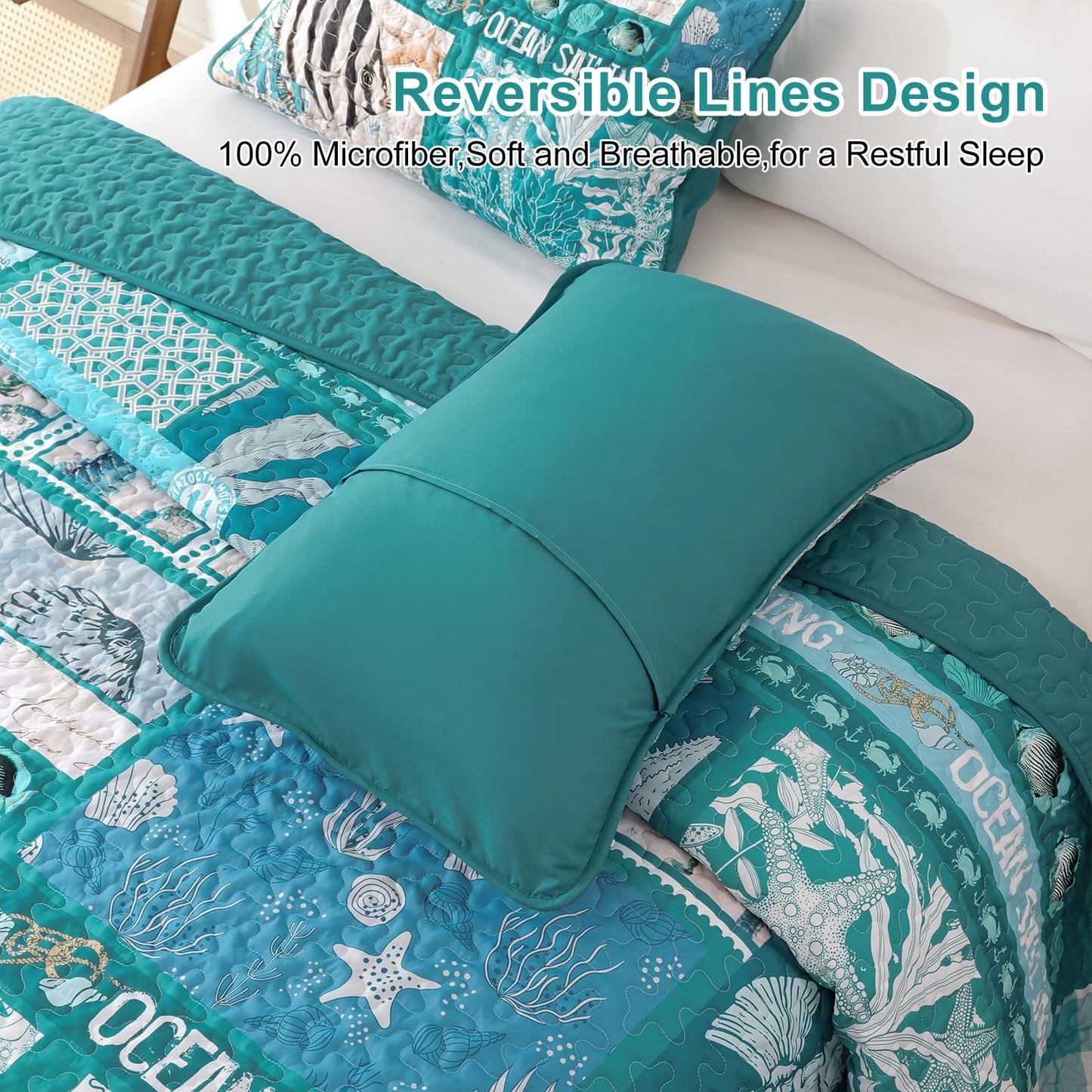 DJY Coastal King Size Quilt Set 3 Piece,Summer Beach Bedspread Coverlet Lightweight Green Ocean Theme Plaid Patchwork Bedding Set with Shams,Reversible Microfiber Comforter Set for All Seasons
