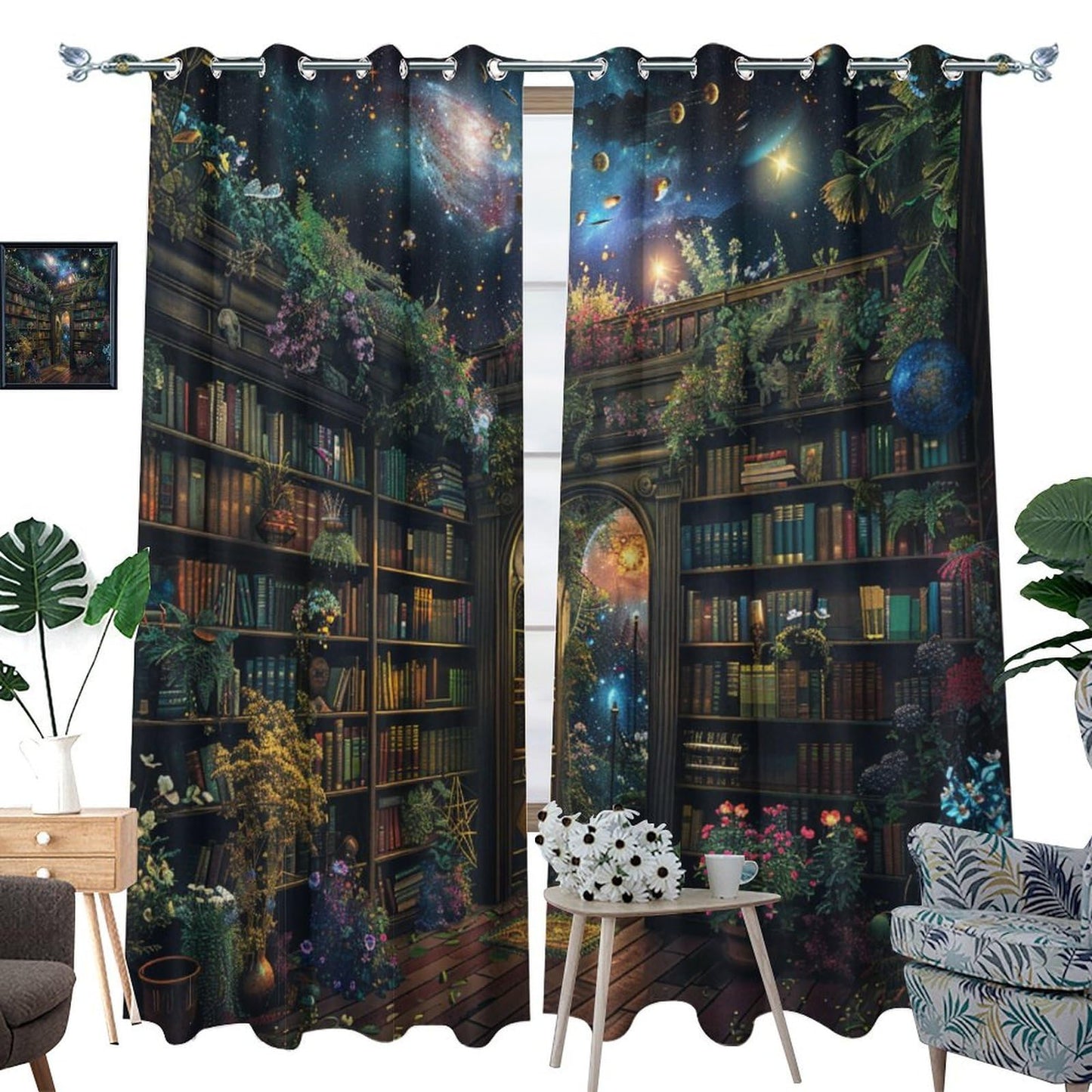HDESDIS Bookshelf Fantasy Grommet Blackout Curtains for Bedroom, Mystical Space Star Library Thermal Insulated Curtains Room Darkening Window Drapes, 21W x 45L, 2 Panels