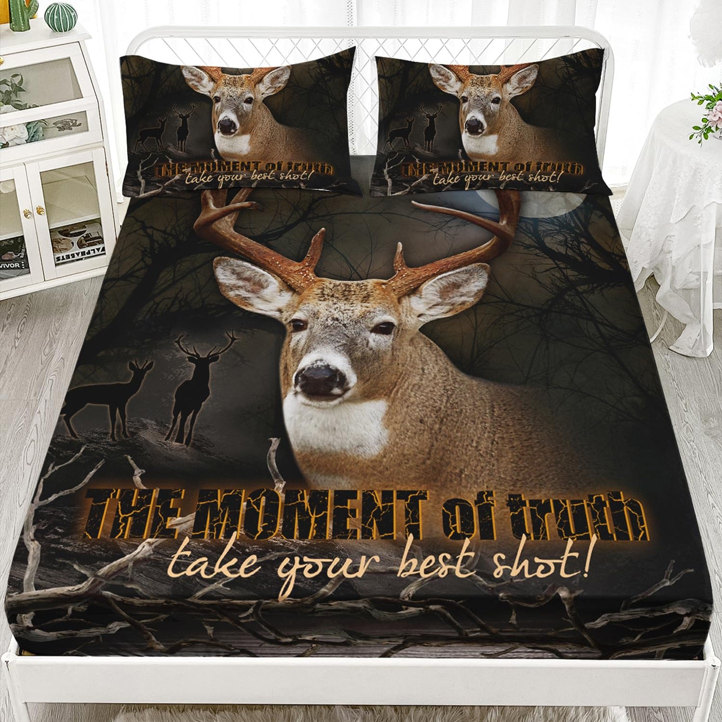 HOSIMA Deer Fitted Sheet Forest Hunting Bedding Sets for Teen Boys Mens Bedroom Essentials,Wildlife Animal Deer Bedding Set Western Twin Bed in a Bag Set for Adults with 2 Pillowcases.
