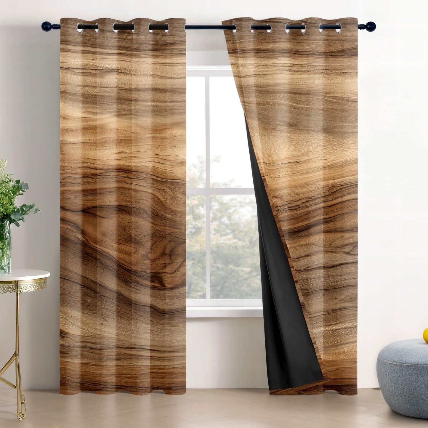 Solvivae Brown Blackout Curtains for Bedroom Living Room, Modern Rustic Country Farmhouse Patterned Window Treatments, Room Darkening Thermal Insulated Grommet Drapes, 45 Inch Curtains 2 Panel Set