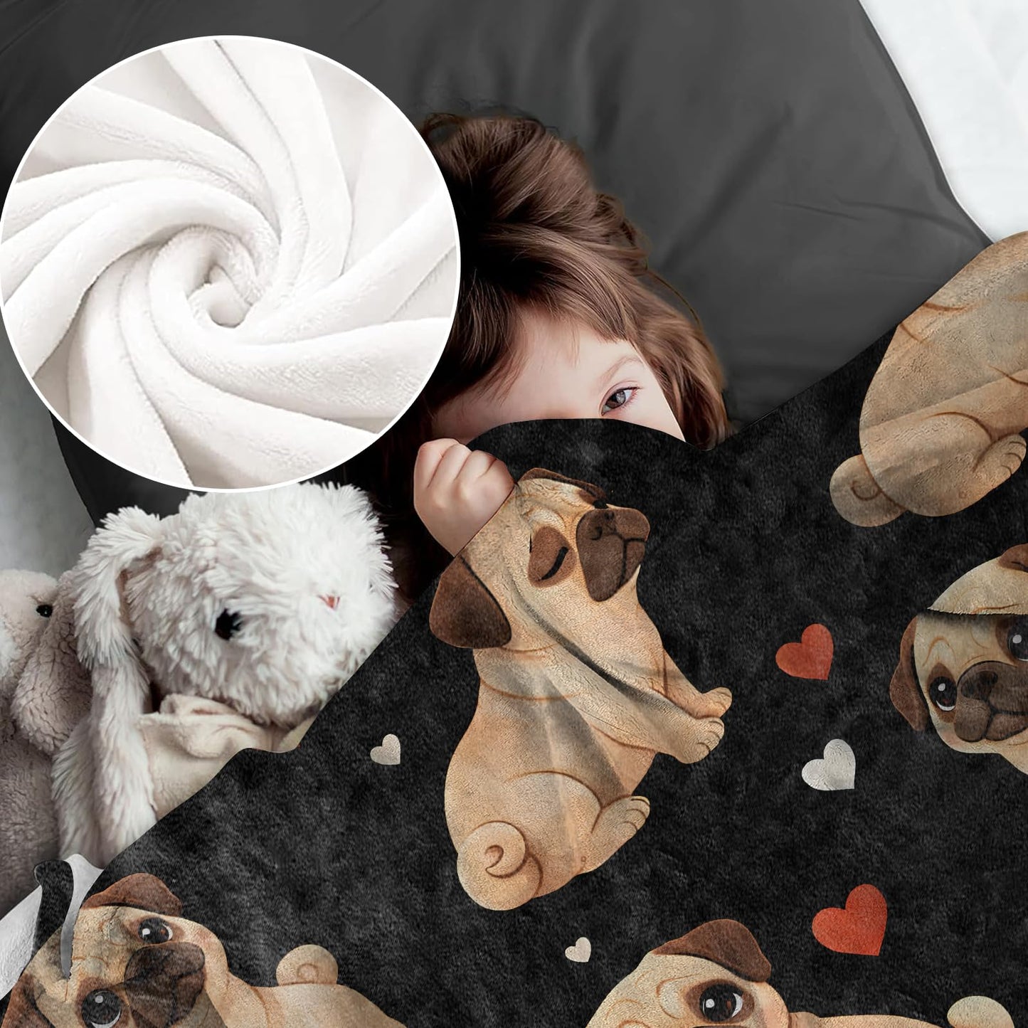 cromcu Cute Pug Blanket for Women Wife Girls, Adorable Dog Heart Flannel Blankets, Valentine Birthday Gifts, Black Soft Warm Cozy Throws for Sofa Couch Bed Living Room Bedroom Home Decor 60" x 50"