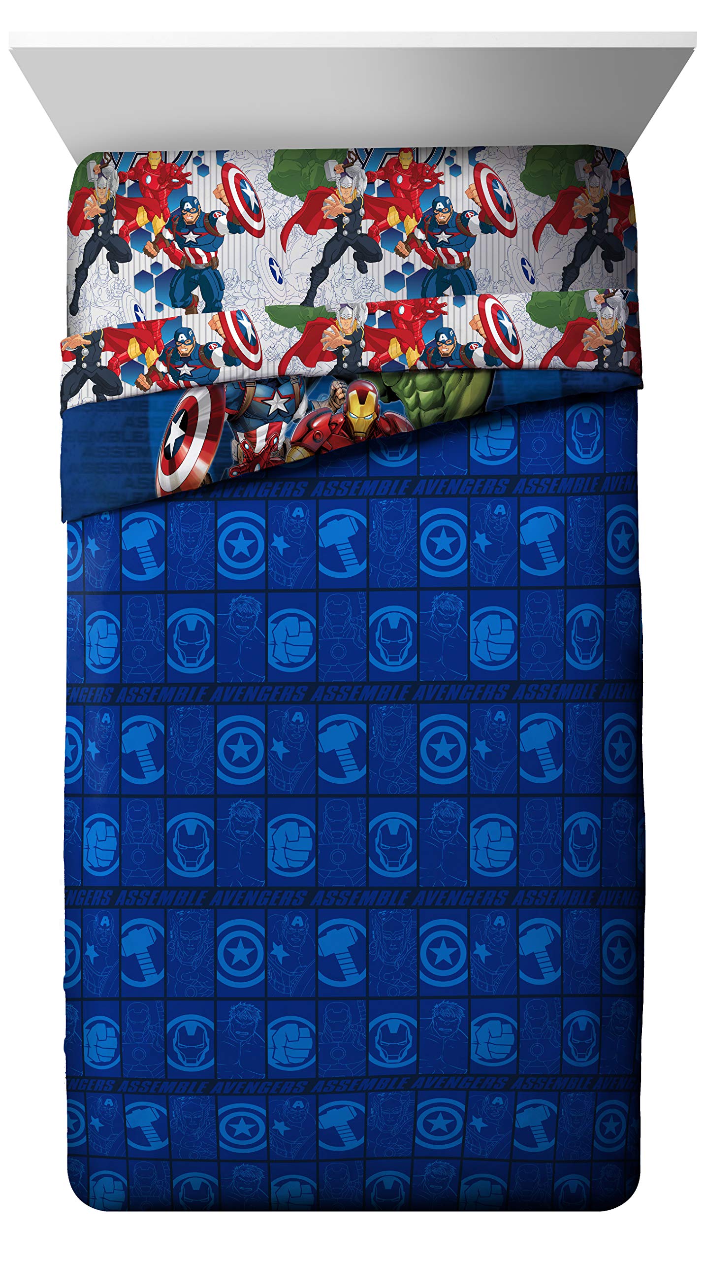 Marvel Avengers Blue Circle 5 Piece Full Bed Set - Includes Reversible Comforter & Sheet Set - Bedding Features Captain America & Iron Man - Fade Resistant Microfiber (Official Marvel Product)