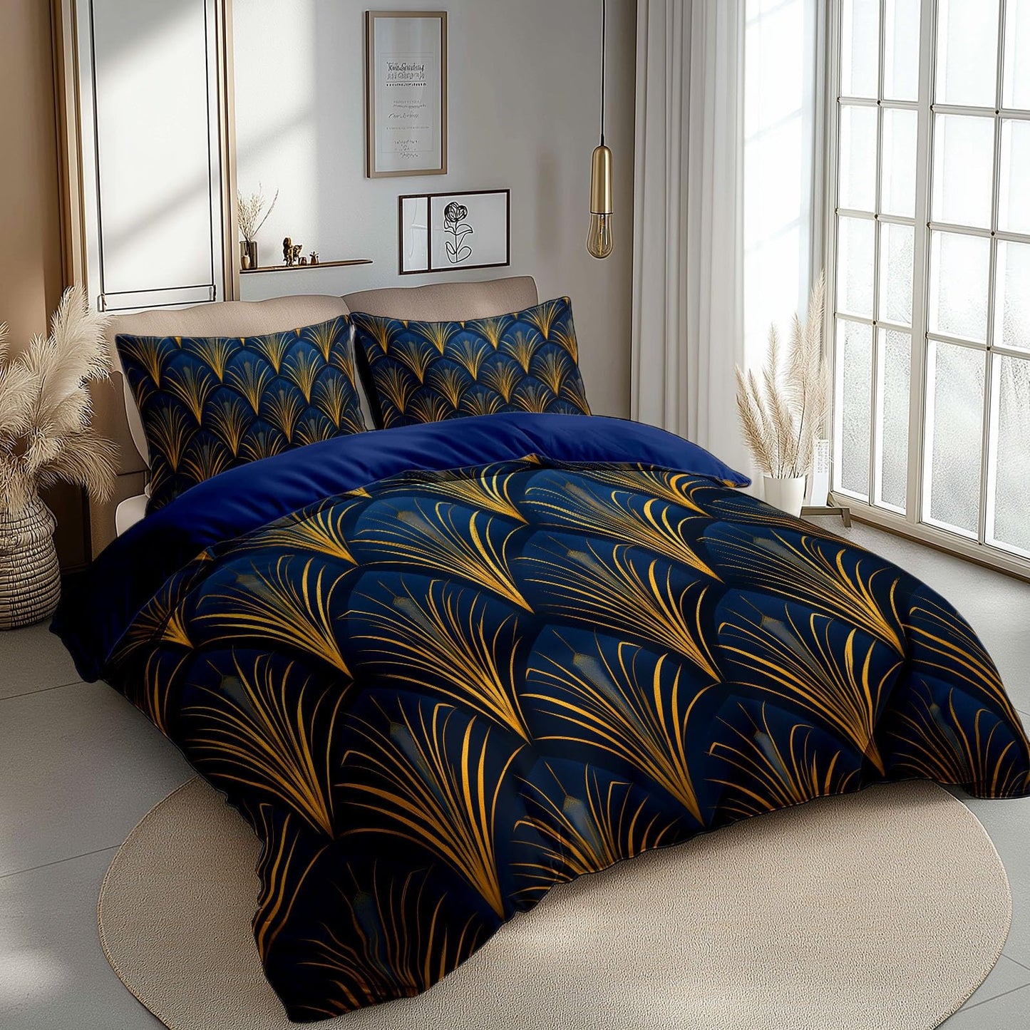 Art Deco Style Retro Leaves Microfiber Duvet Cover Set, Decorative 3 Piece Bedding Set with 2 Pillow Shams, (90 x 90 in) Queen Comforter Quilt Cover for Room Decor, Blue