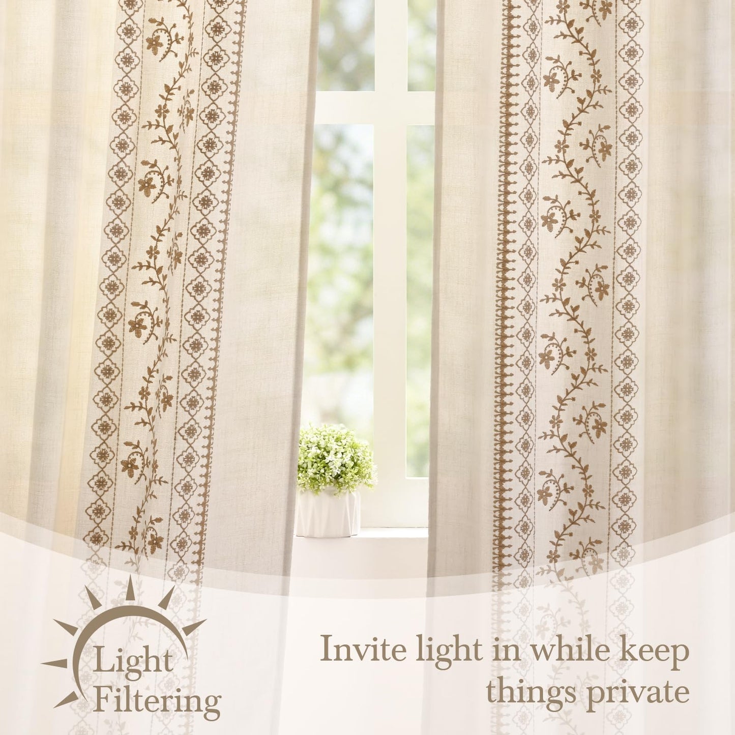Yinhua Boho Curtains for Living Room 84 Inch Long Brown Embroidered Floral Bedroom Curtains, Farmhouse Light Filtering Window Curtain Rod Pocket & Back Tab Drapes, 52" W x 84" L, 2 Panels