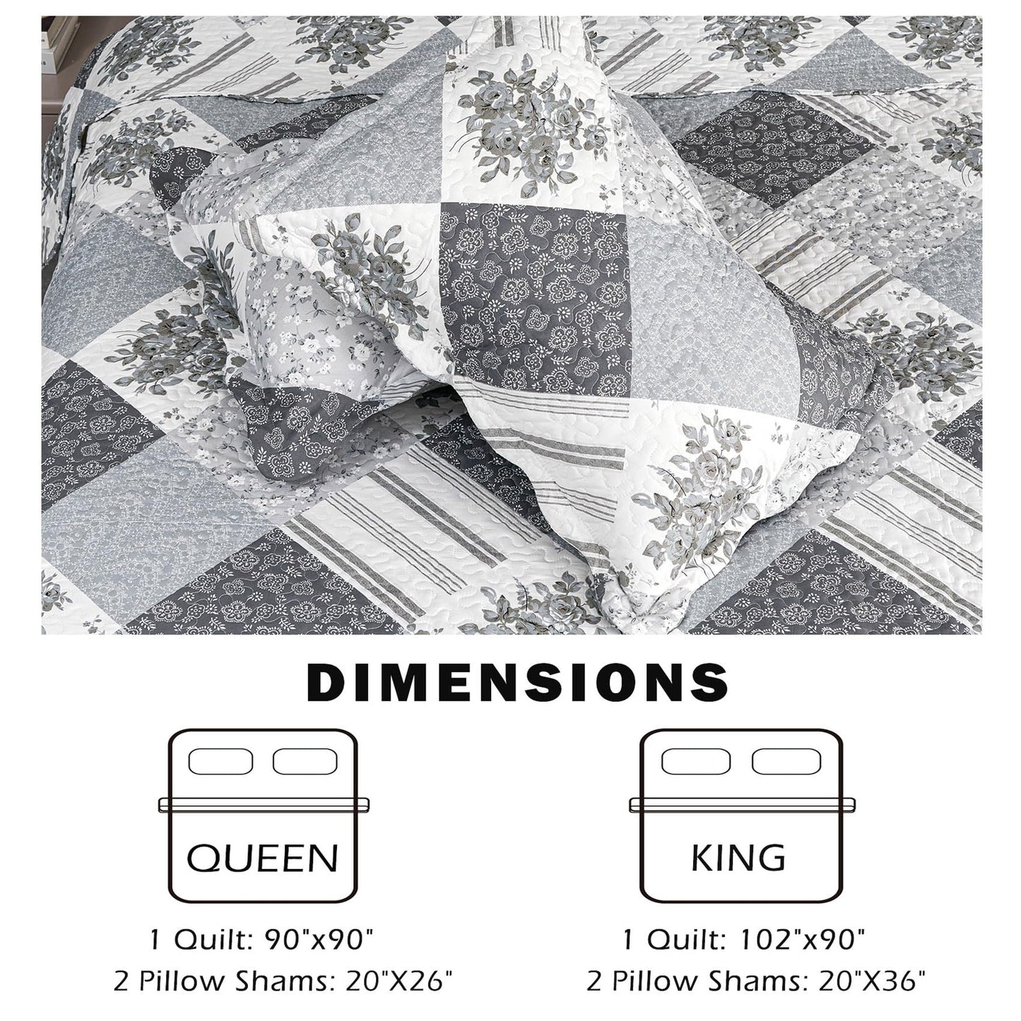 Cmfshape Summer Floral Queen Bedspread,Romantic Grey Quilt Set Full,Reversible Stitched Bedding Set All Season,Soft Lightweight Coverlet with Pillow Cases (Dark Grey, Queen90 x90)