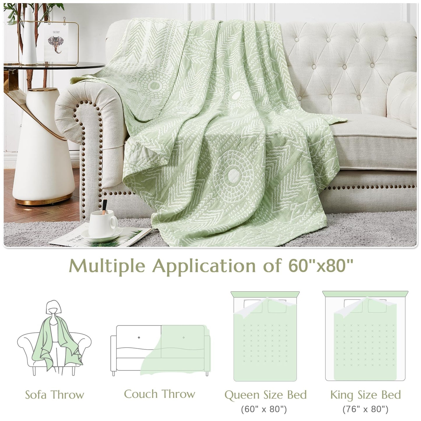 jinchan Boho 100% Cotton Blanket Muslin Lightweight Twin Size Throw Blanket Reversible for Couch Soft Cozy All Season 3-Layer Throw Coverlet Blanket for Bedroom Living Room Decor Green 60x80 Inches