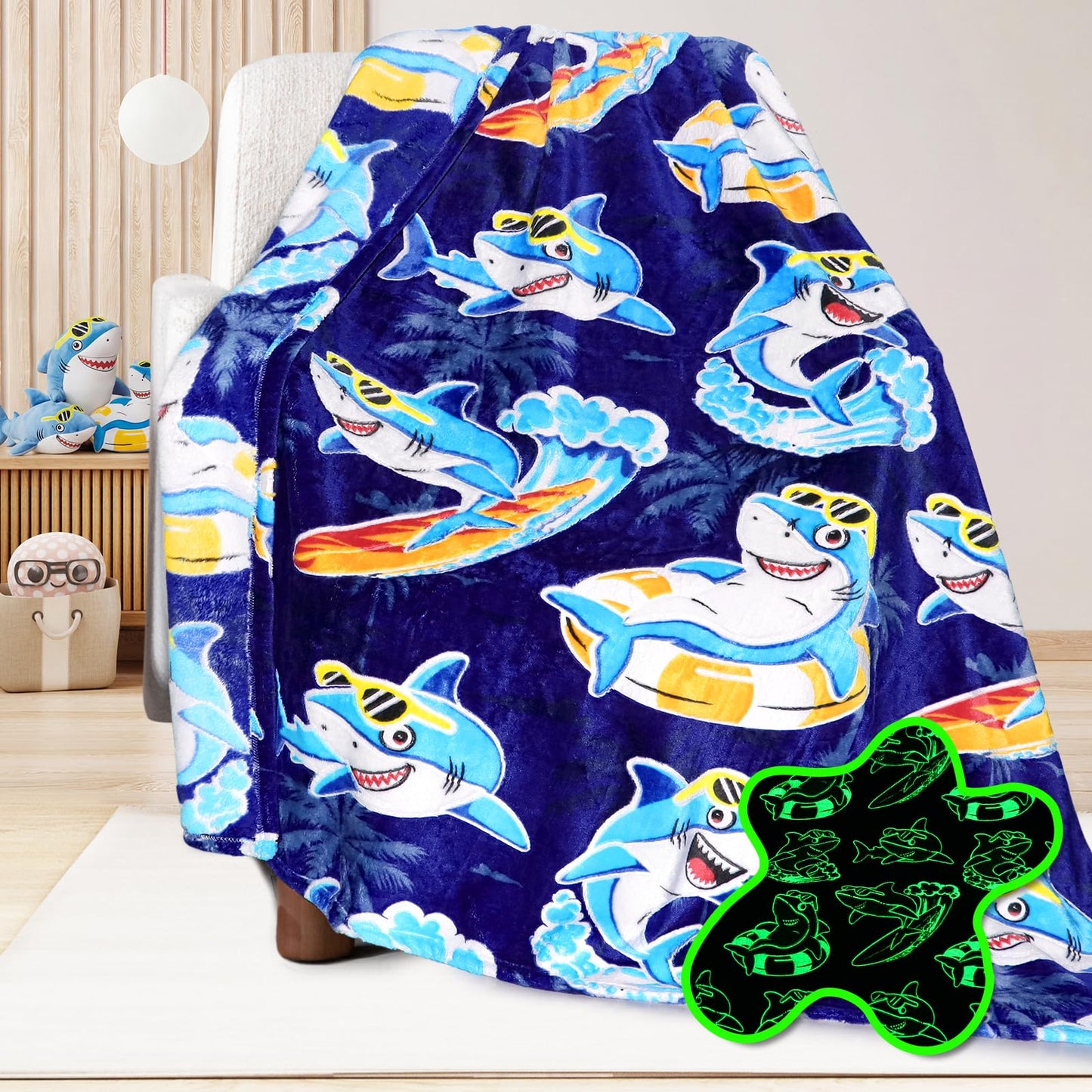 Glow in The Dark Shark Blanket for Kids, Shark Toys for Toddlers Teens, Soft Cozy Flannel Fleece Throw Fish Blanket for Couch Bed Sofa, Halloween Christmas Birthday Gifts for Kids Boys Girls 50"x60"