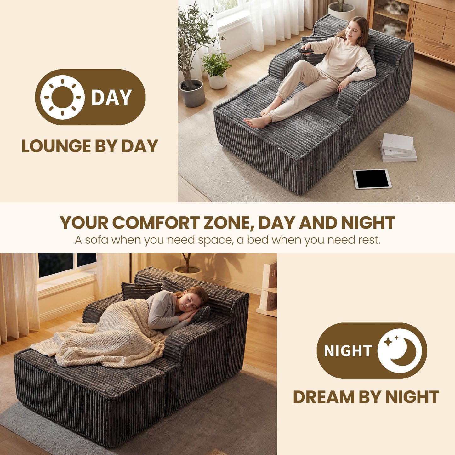 feliz home Chaise Lounge Chair Indoor,Boneless Chair with Ottoman,Comfy Reading Chair for Adults,Small Sofa Bed Couch for Living Room,Single Sleeper Chair Bed,Grey