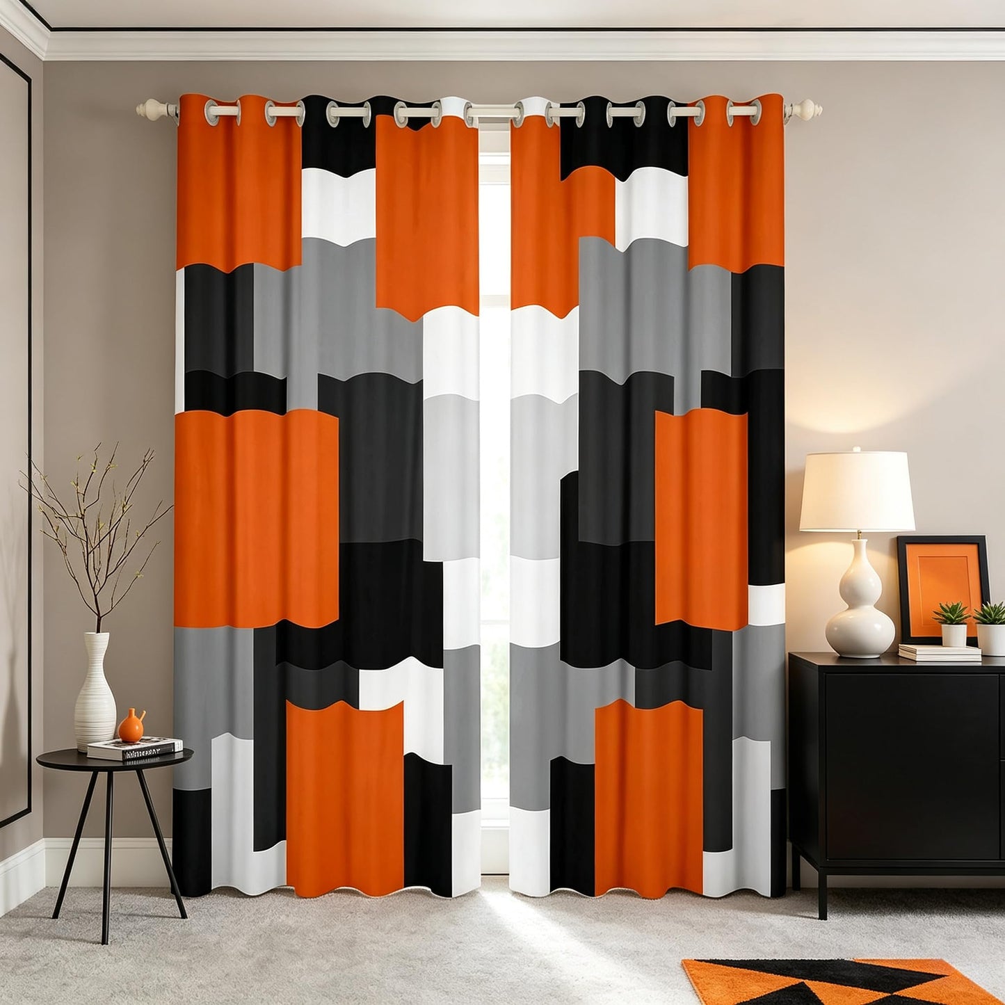jejeloiu Geometric Curtains for Bedroom Living Room Orange Black Gray Blackout Shades Plaid Buffalo Check Room Darkening Curtain Modern Art Window Treatments, 2 Panels 52 x 63 Inch Decor