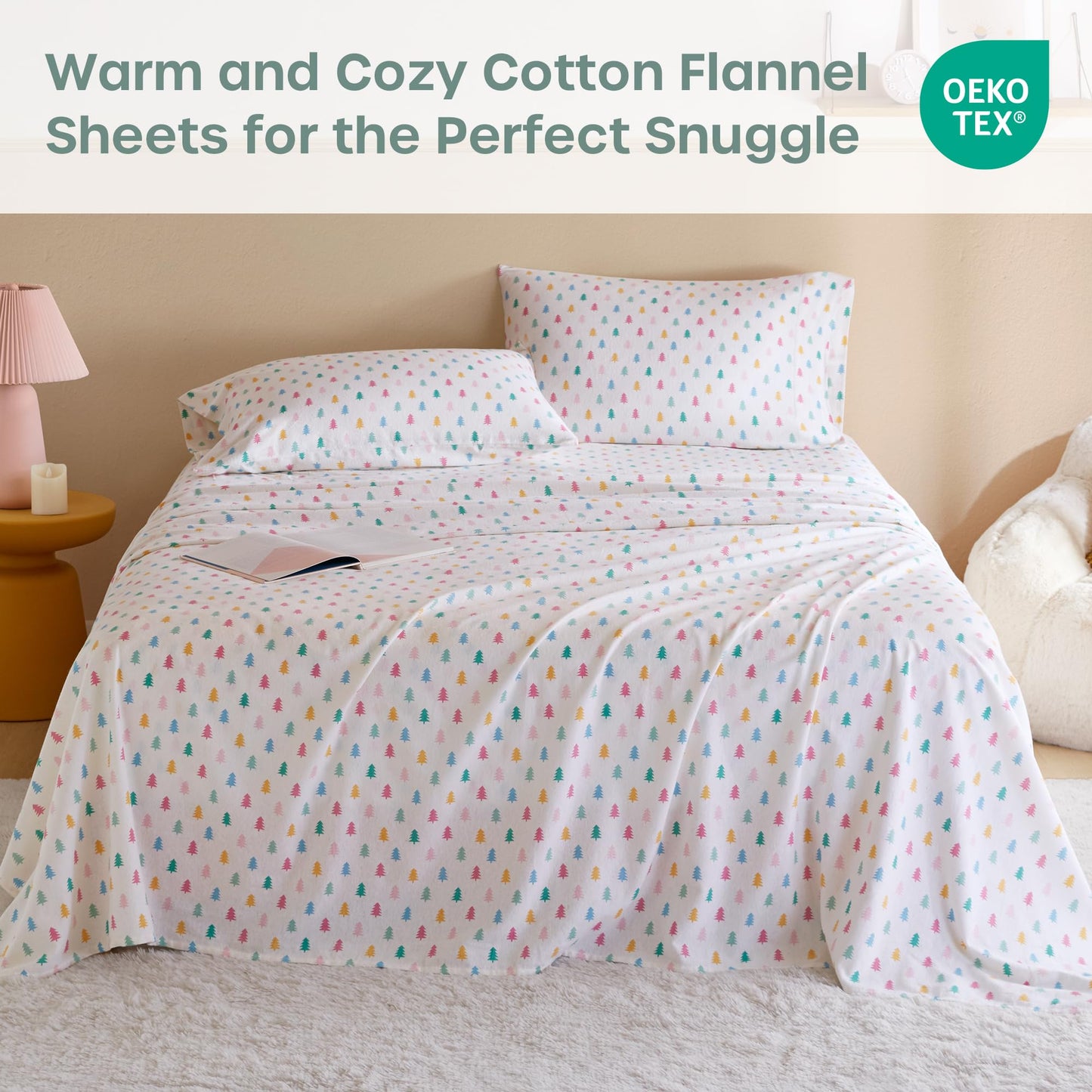 Intelligent Design Flannel Sheets Full, Cozy Soft 100% Cotton Flannel Bedding, Printed Warm Full Sheets Set, Ultra Soft Cold Weather Bed Sheet Set, Tree Block, 4 Piece