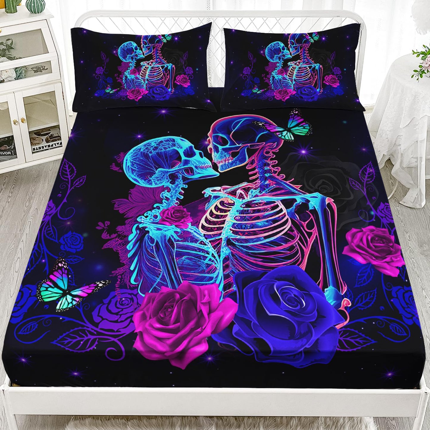 AILONEN Sugar Skull Fitted Sheet Set Queen Size, 3D Skeleton Bone Couple Bed Sheet Set,Purple Rose Skull Sheets for Boys Girls 3 Pieces, 1 Fitted Sheet and 2 Pillowcases