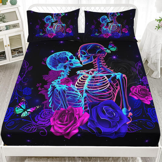 AILONEN Sugar Skull Fitted Sheet Set Queen Size, 3D Skeleton Bone Couple Bed Sheet Set,Purple Rose Skull Sheets for Boys Girls 3 Pieces, 1 Fitted Sheet and 2 Pillowcases