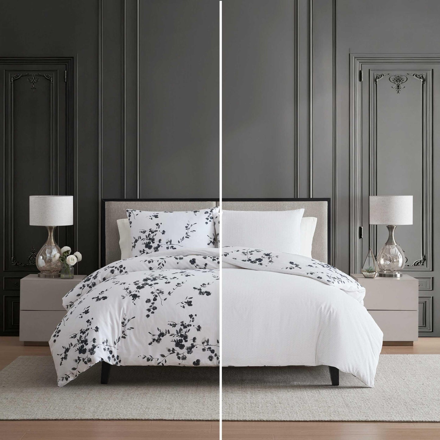 Vera Wang - Queen Size Duvet Cover Set, 100% Soft & Smooth Cotton Sateen Floral Bedding, 3-Piece Reversible Bed Set with Matching Pillowcases (Noir Bouquet/Ikat Line Grey)