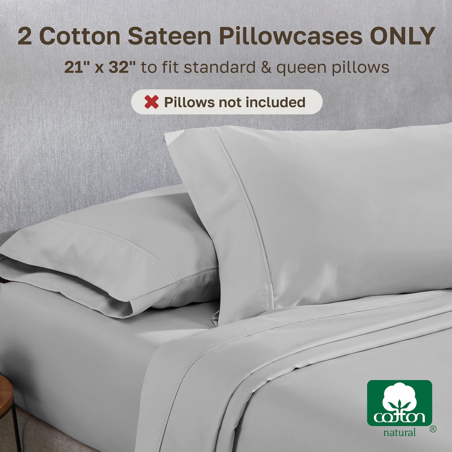 California Design Den Standard Queen Size Pillowcase Set - 400 Thread Count, 100% Cotton Sateen, Set of 2 Pillow Covers, Soft and Breathable - Light Grey