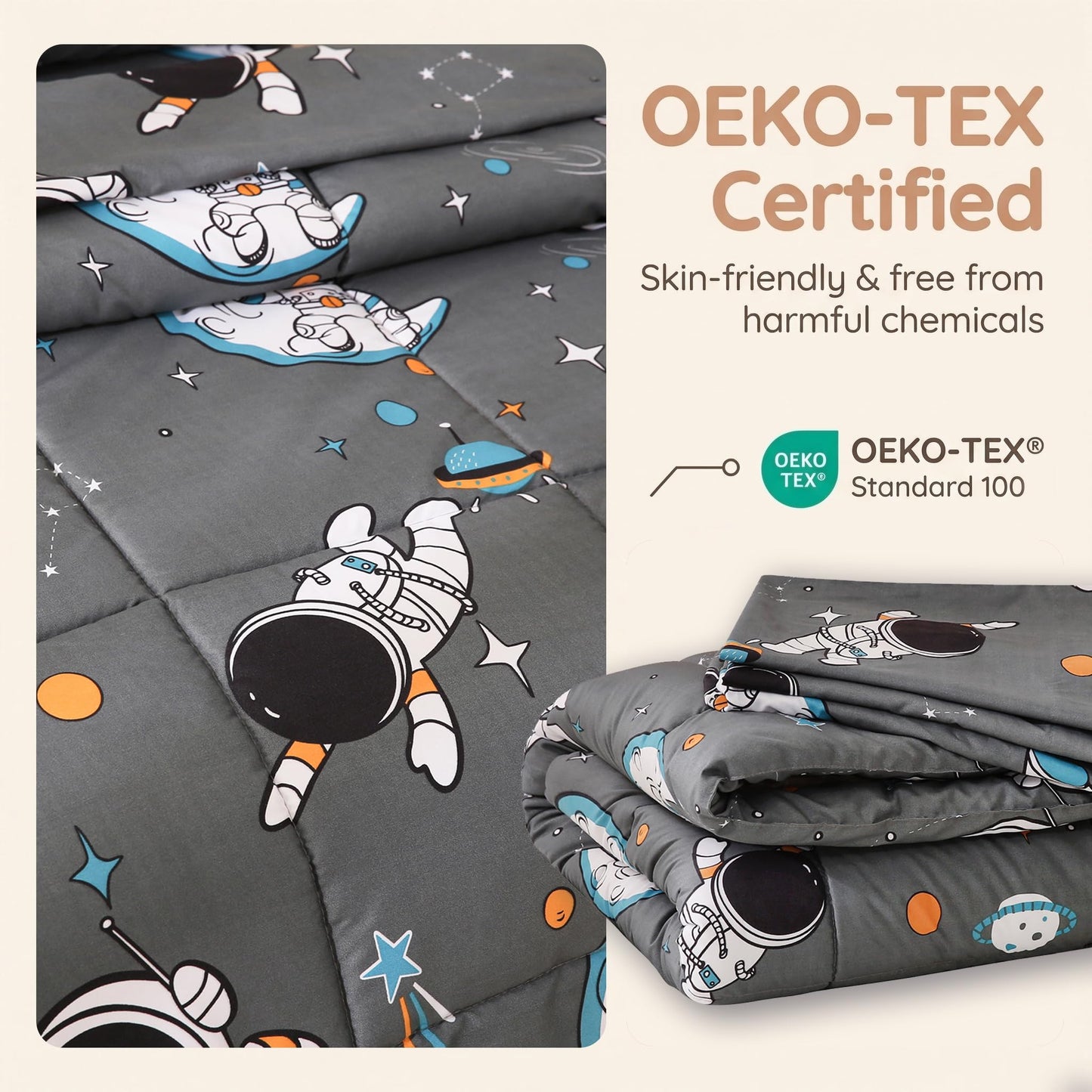 JSD Grey Astronaut Toddler Bedding Set, 4 Piece Space Theme Bed-in-a-Bag Comforter Sheet Set, Machine Washable