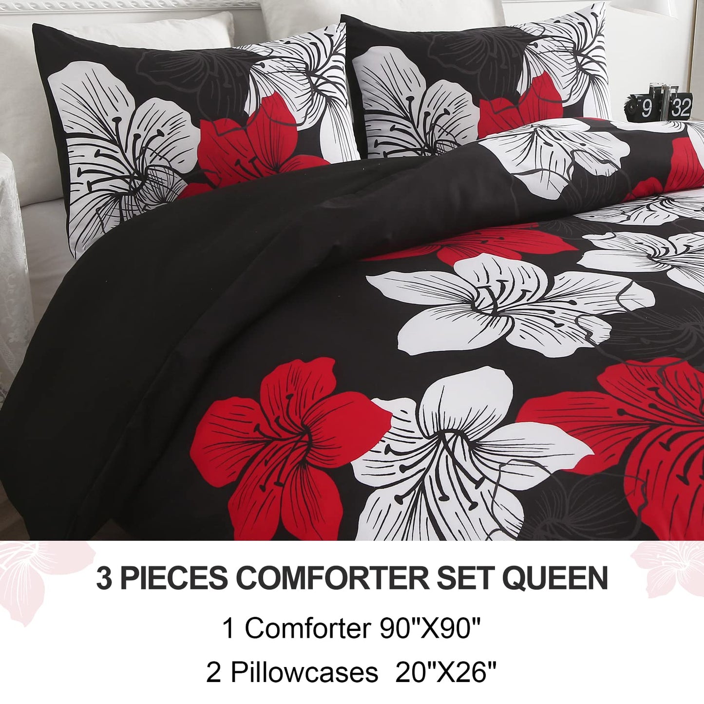 Menghomeus Black Comforter Set Queen Red and White Floral Comforter with 2 Pillowcases Modern Bedding Sets Lightweight Bed Set for All Season