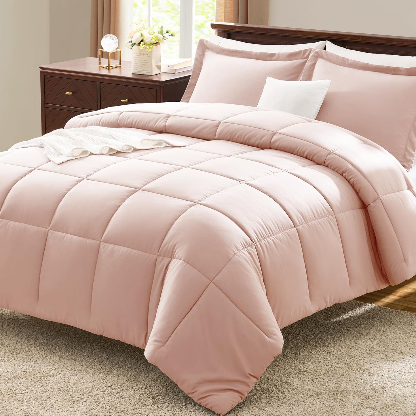 CozyLux Queen Comforter Set - 270GSM Blush Pink Bedding Sets for All Seasons, 3 Pieces Box Stitched Bed Set with 1 Down Alternative Comforter and 2 Pillow Shams, Soft, Lightweight, Breathable
