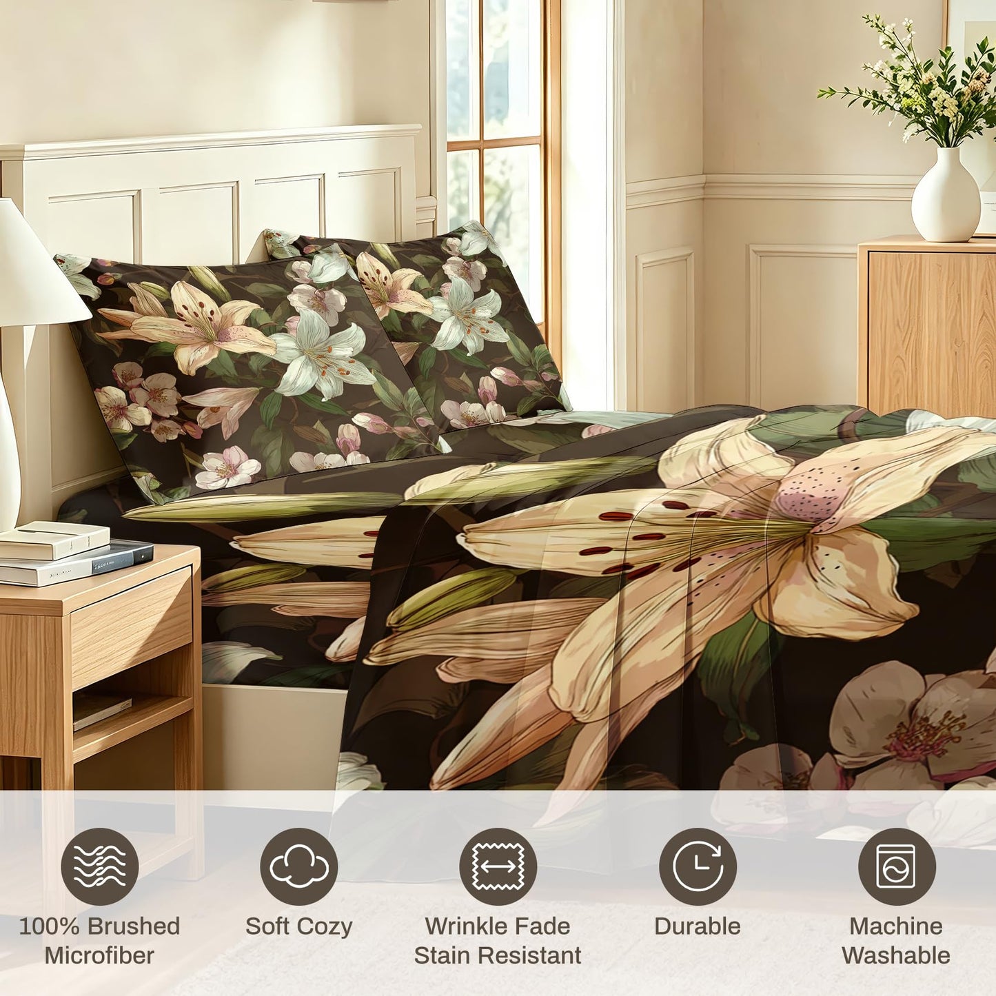 Lily Floral Sheet Set, 4 Pcs Full Size Botanical Bed Sheets
