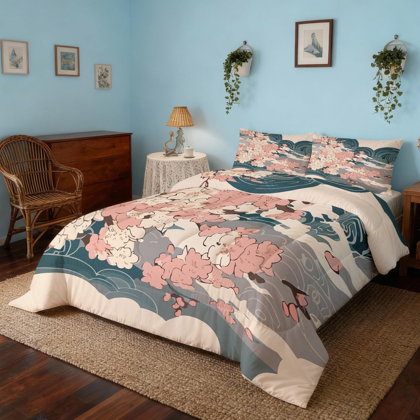 ZDABAOEC Japanese Twin Comforter Set 2 Piece, 1 Pillow Sham, Oriental Asian Japan Cherry Blossom Reversible Down Alternative All Season Bedding, Soft Microfiber, Japanese Bedroom Decor