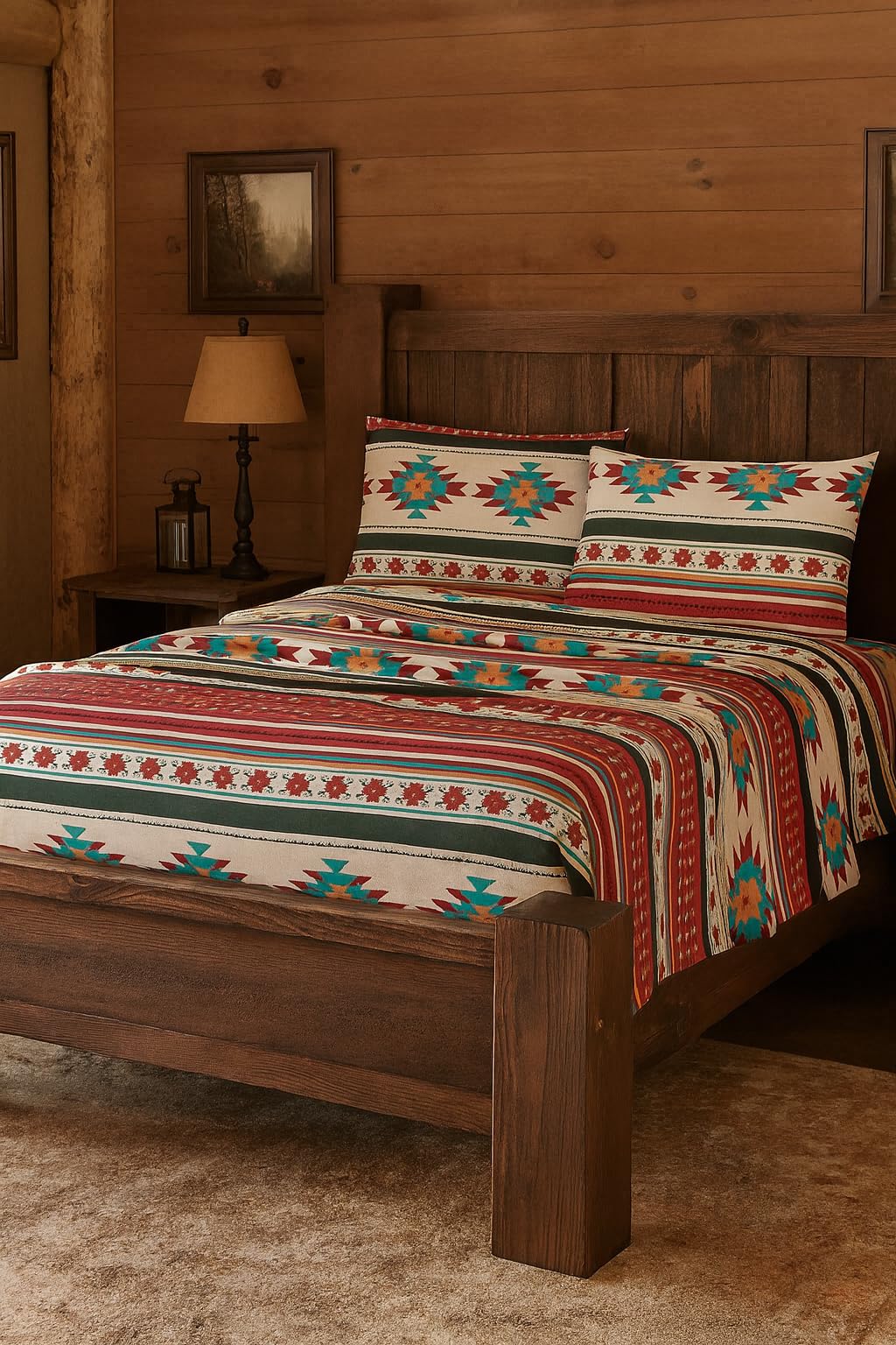 Chezmoi Collection Prescott 3-Piece Southwestern Microfiber Sheet Set, Printed Geometric Tribal Multicolor Cream Red Teal Orange Bed Sheets, Twin XL Size