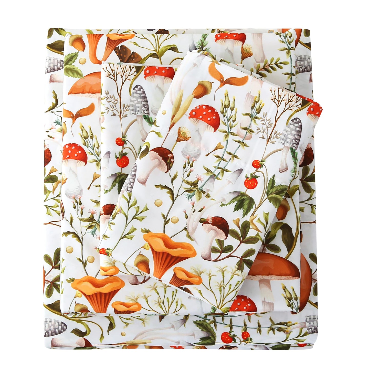 Mooreeke Cozy Vintage Microfiber Printed King Sheet Set - Soft & Breathable Percale Mushroom Forest Bed Sheets with Extra Deep Pocket - Non-Slip Fitted Design - Jungle Mushroom Leaves Pattern - King
