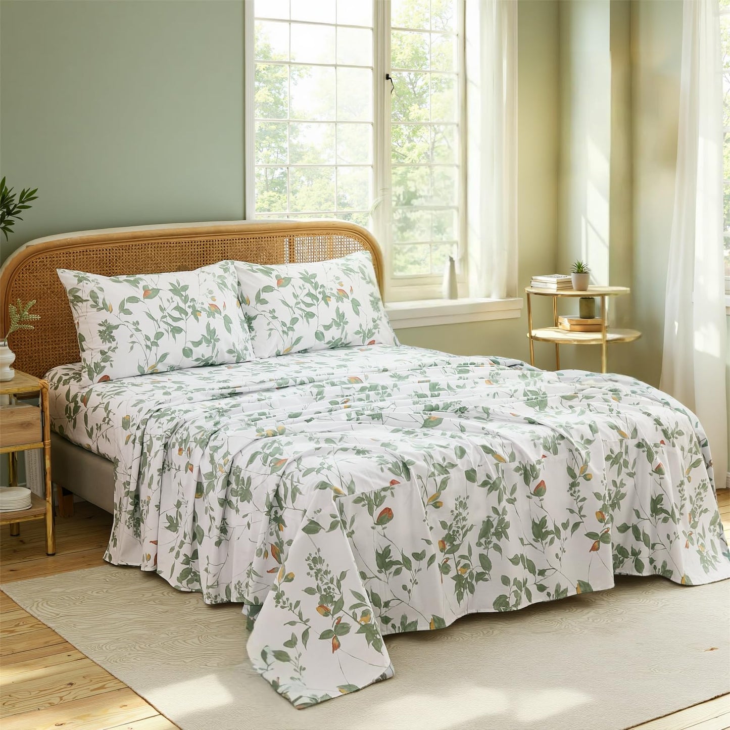 Cozaline 100% Cotton Sheets Set King Size – 4 Pieces Luxury Breathable Percale Cotton Bedding with Deep Pockets, Crisp Cool Feeling, Soft&Durable, Refined Botanical Elegance, Green Floral Bed Sheets